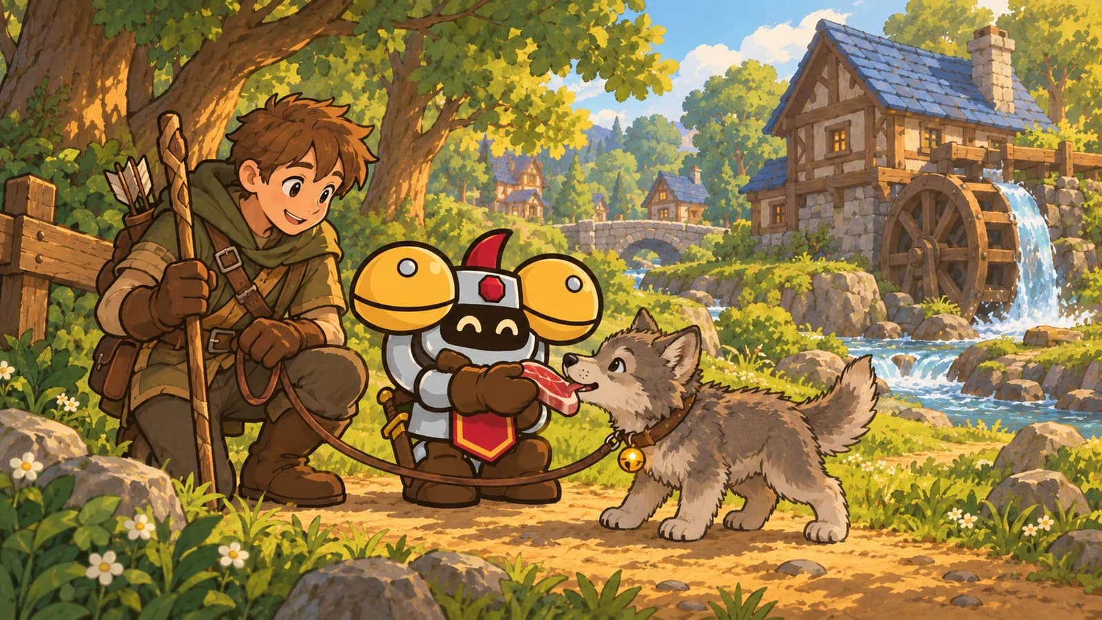 Dee feeding a leashed wolf pup near Goldshire's mill in Elwynn Forest while a young hunter holds a taming rod and the pup's collar bell glows.