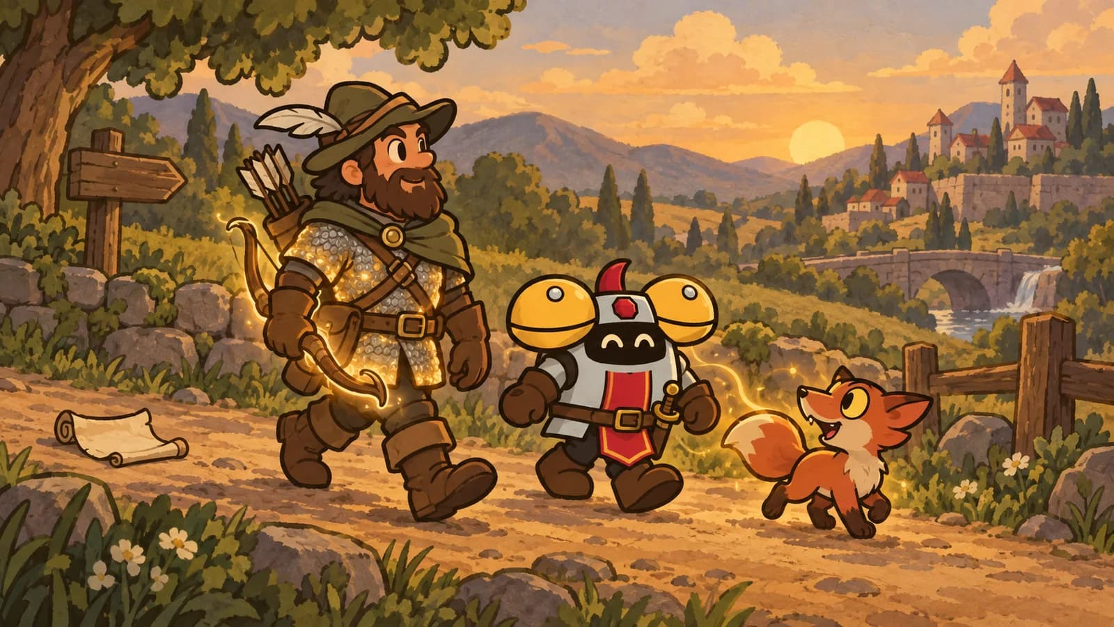 A human hunter and Dee walk a sunset road as light flows from the hunter's bow and armor into a small fox pet, with a discarded scroll on the ground.