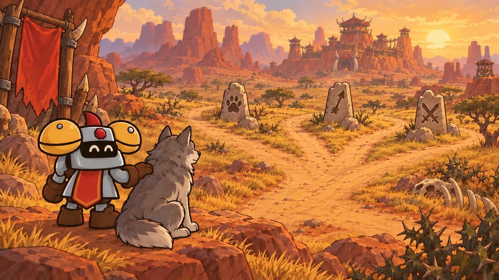 Dee the knight stands with a wolf companion on Durotar's plains near Razor Hill, facing three carved trail markers for a hunter's paw, arrow, and blade paths.