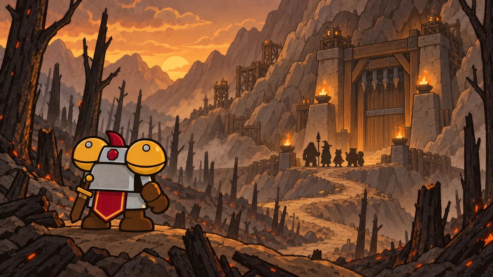 Dee at the edge of a burned forest looking toward a mountain raid gate, with a small party of silhouettes waiting and no banners written on.