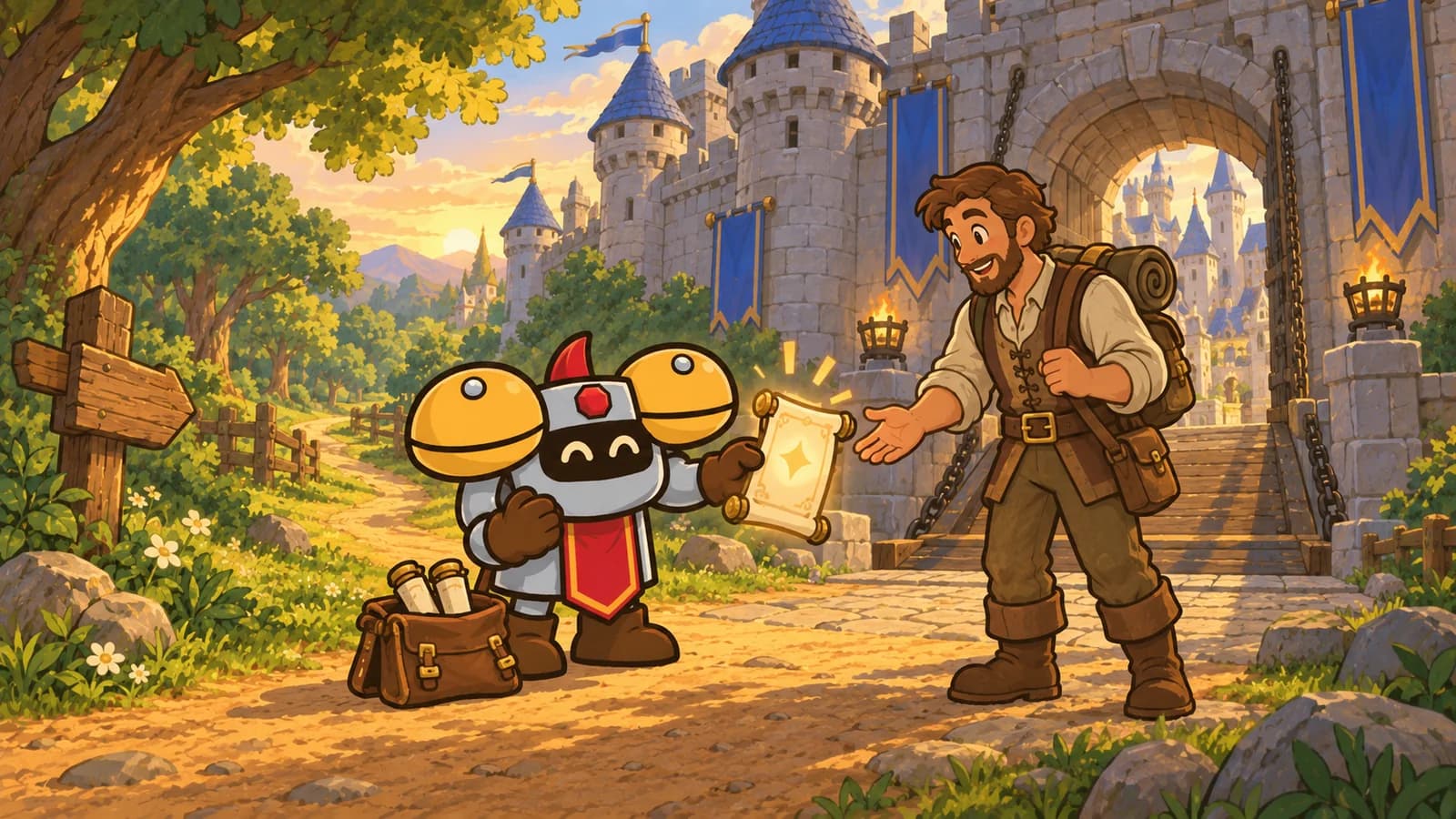 Dee the armored knight hands a glowing scroll to a traveling friend outside Stormwind's open city gate at sunset, with Elwynn Forest beyond.