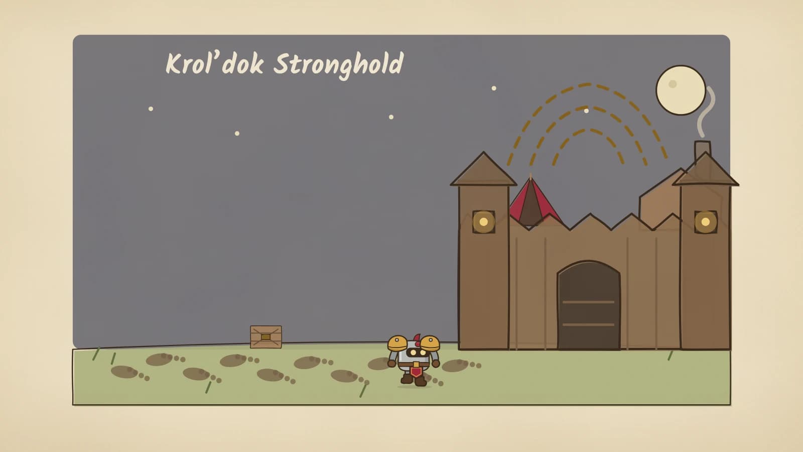 Dee follows a trail of large ogre footprints and dropped cargo across Riverglades grassland to the timber gate of a sprawling fortress with workshops and tents, under a rising moon with chant marks drifting from its walls.