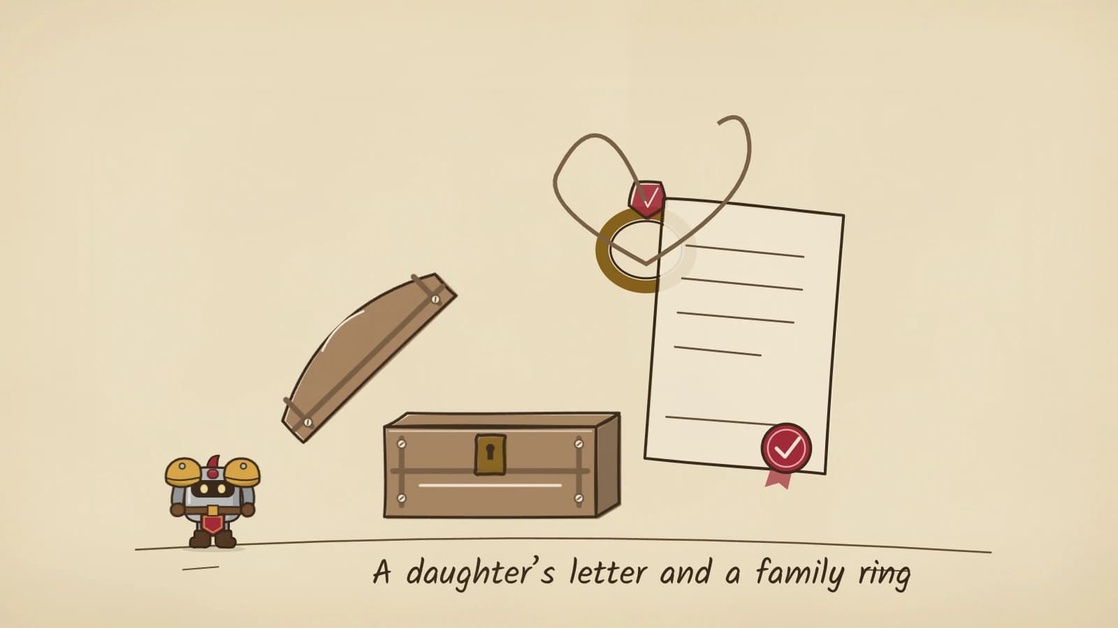 Hand-inked illustration of an open wooden chest with its lid set aside, a gold ring with a red stone lifted out on a looping cord, and a letter with a red wax seal unfolding beside it.