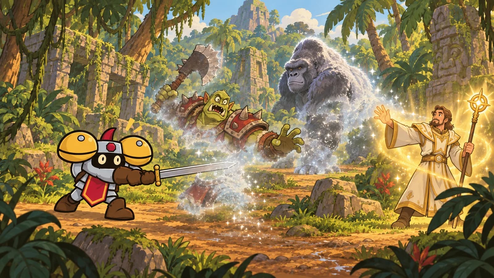 Dee swinging a sword at an orc warrior who dissolves into sparkling mist in a Stranglethorn jungle, a silverback gorilla fading behind as a human priest appears in golden light.