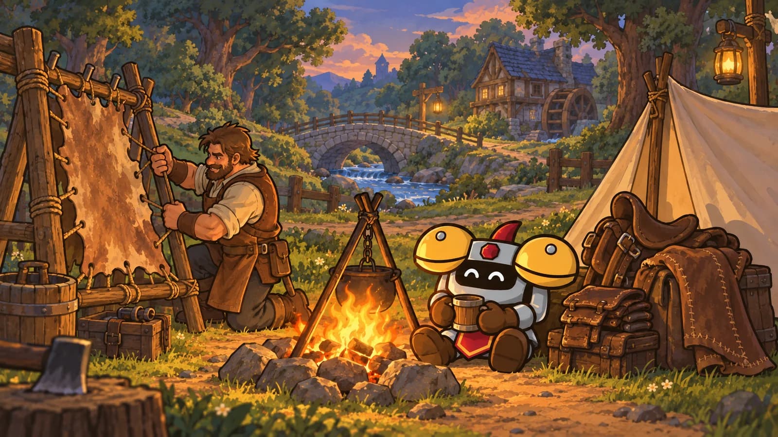 A human leatherworker tans a hide by a campfire near Goldshire while a canvas tent stands raised and Dee rests beside folded leather armor and a saddle.