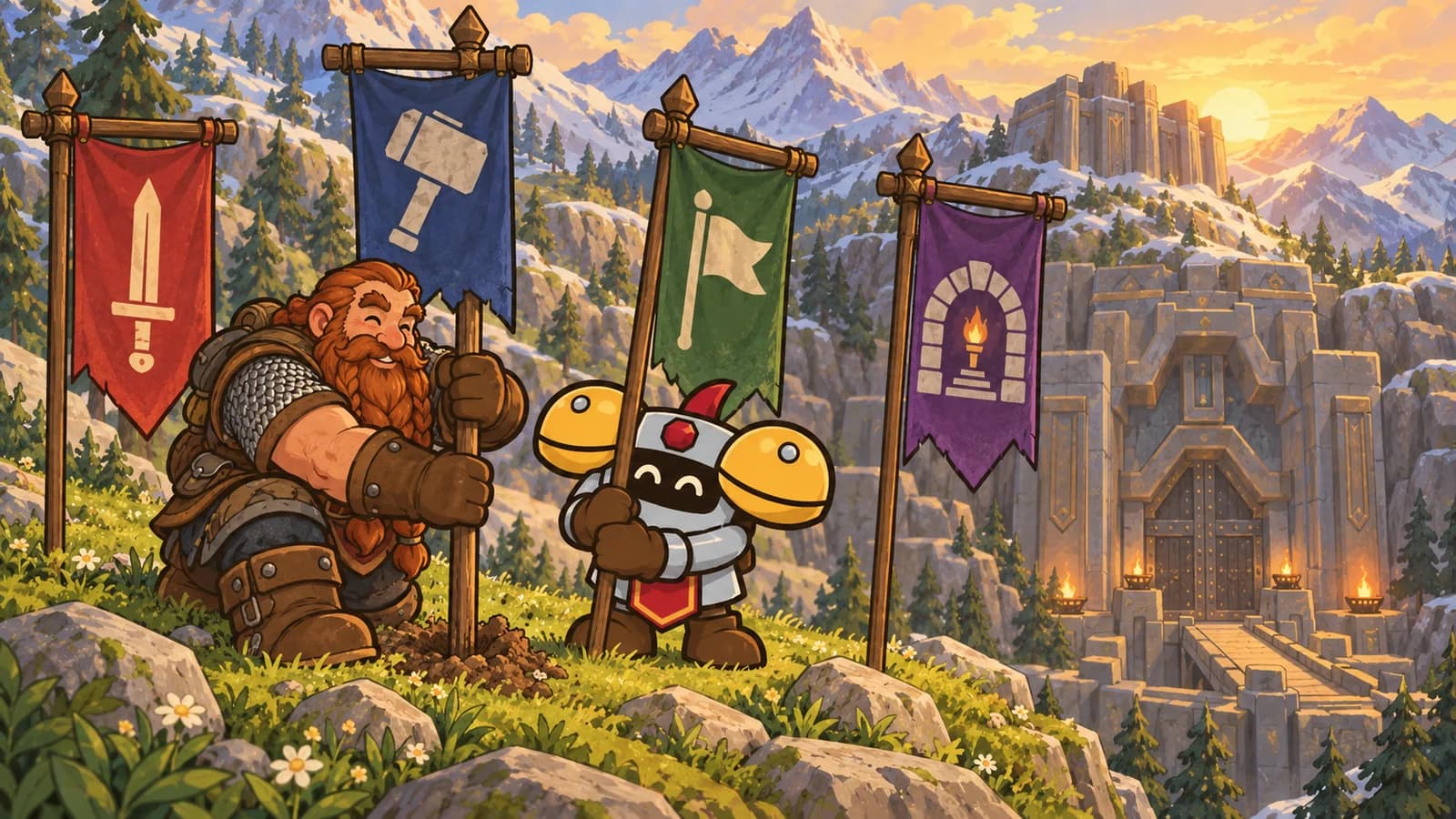A dwarf adventurer and Dee plant four banners, a sword, a hammer, a battle standard and a dungeon arch, on a ridge above the Hall of Thanes.