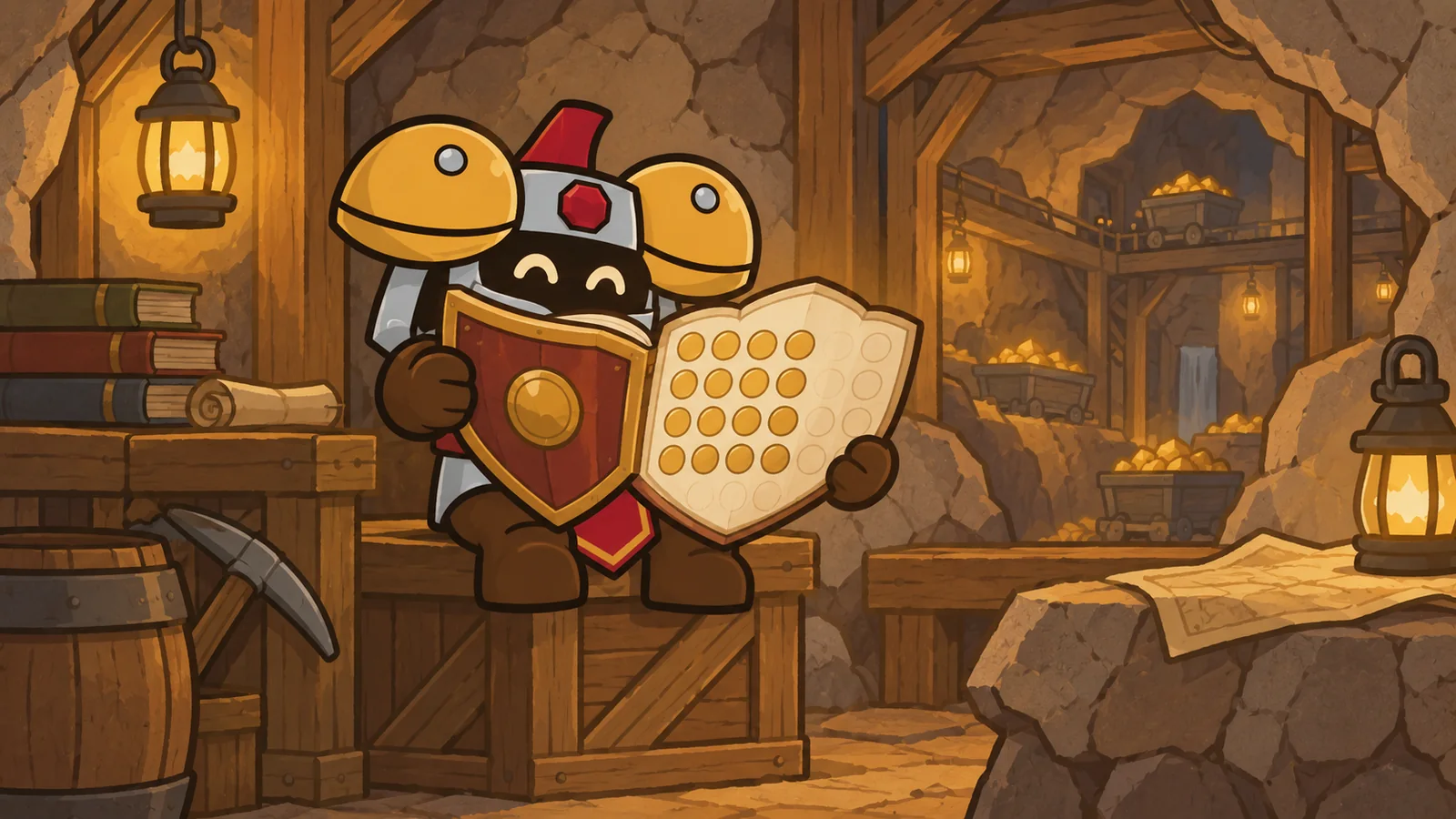 Dee looking at a shield-shaped book with sixteen gold marks filled and more faint marks trailing off the page.