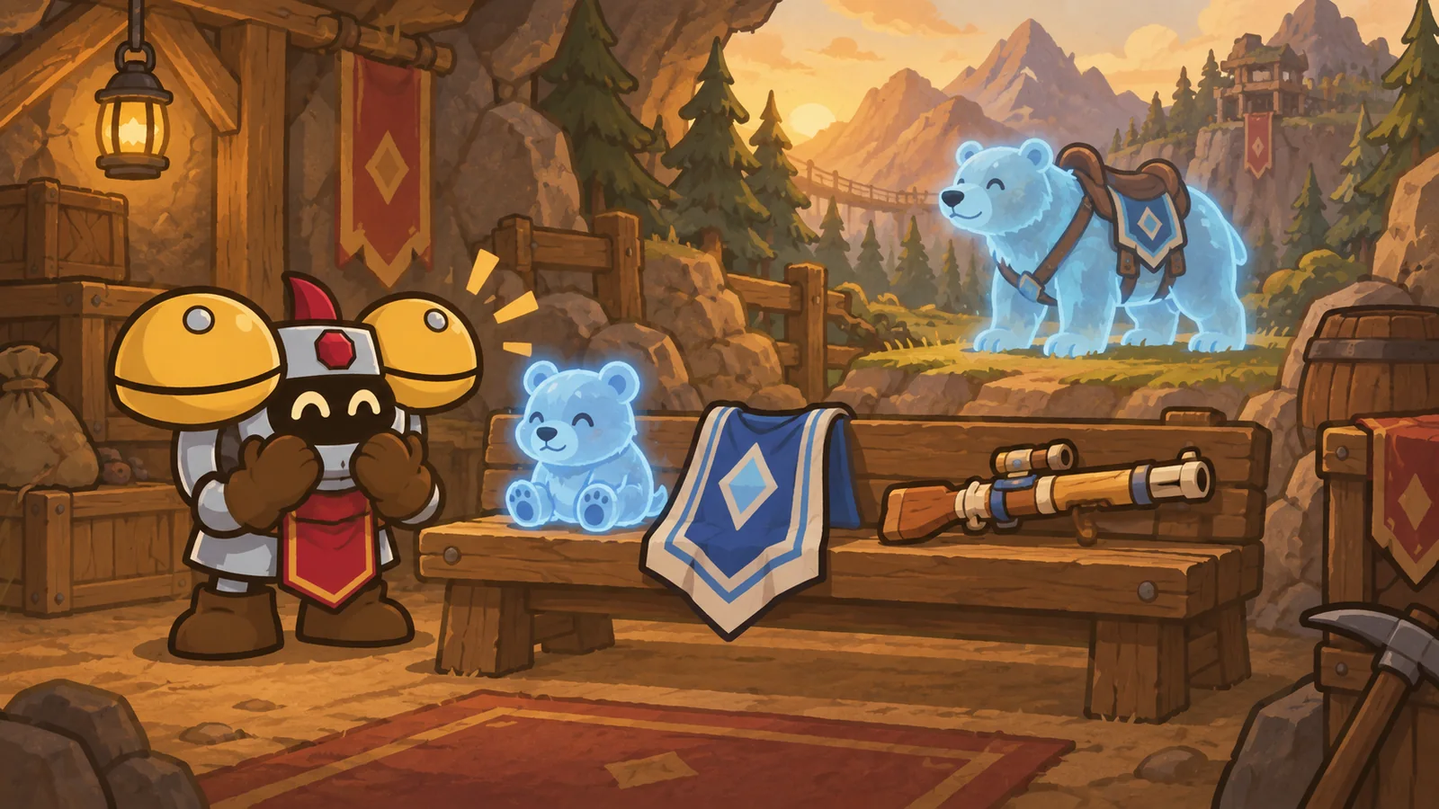 Dee admiring four cosmetics on a bench: a tiny spectral bear cub, a tabard, a spectral bear mount in the distance, and a toy rifle.