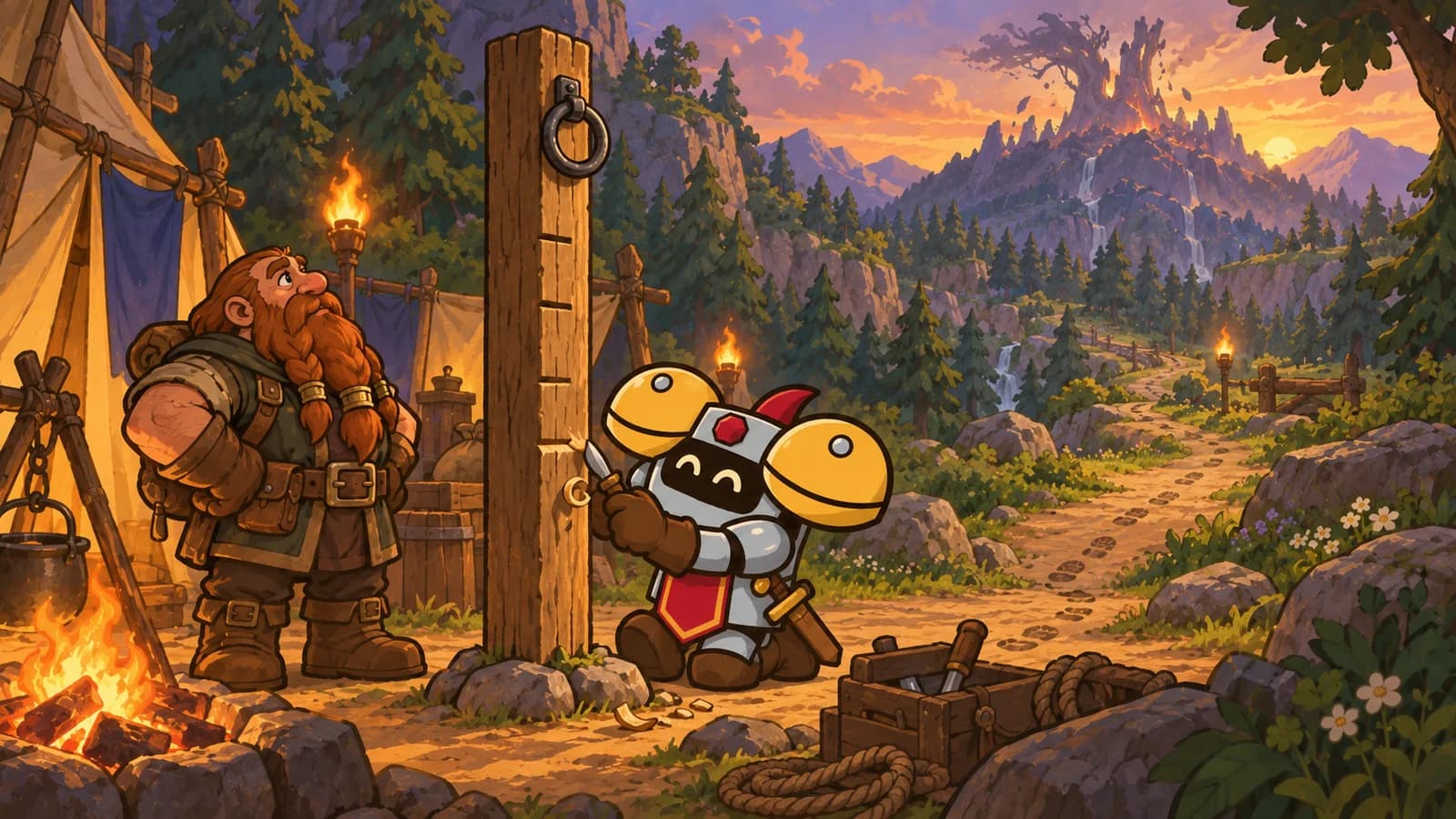 Dee carves notches on a wooden level-post at a Mount Hyjal camp, with a fixed iron ring high above the mark.