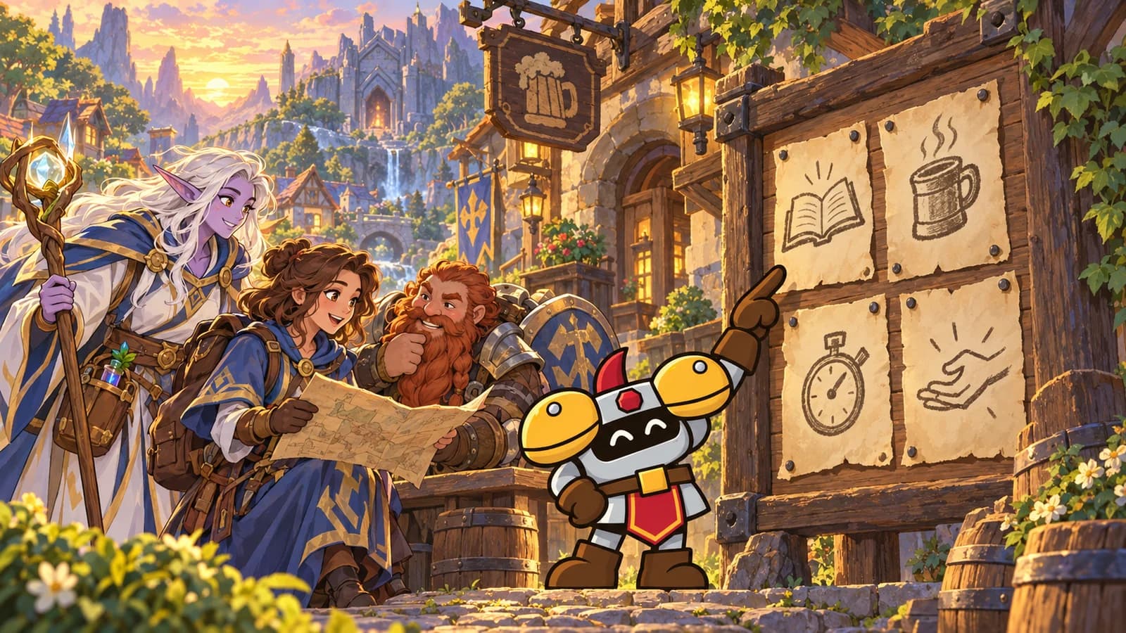 Dee points to an open-book notice on an inn’s four-sheet adventurers’ board while a mage, dwarf and elf prepare a dungeon map.