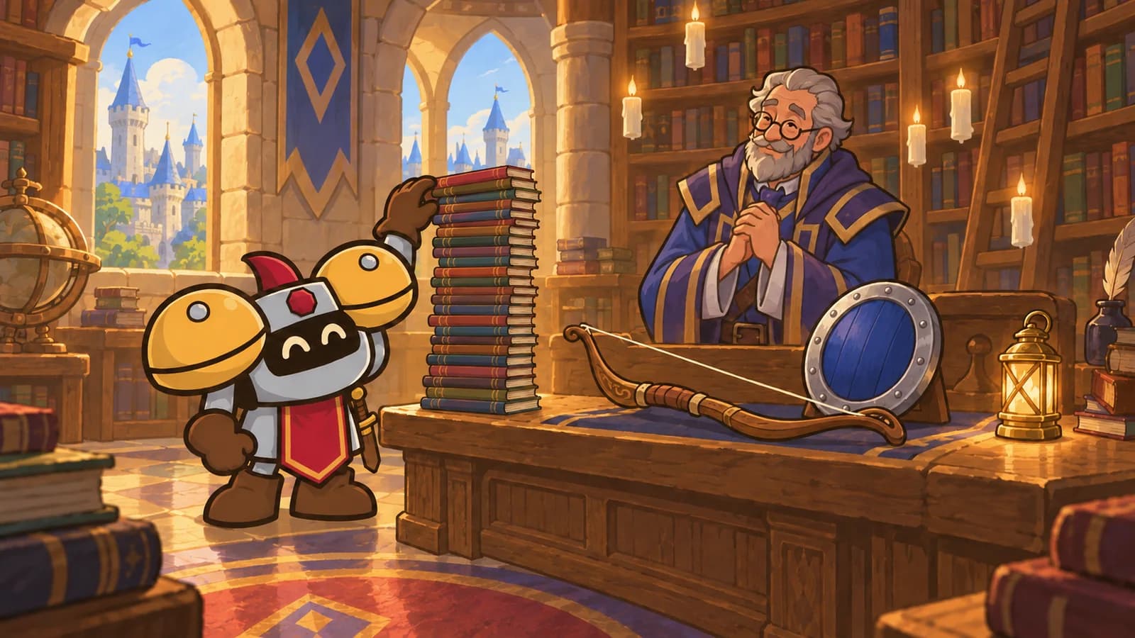 Dee setting a tall stack of old books on a librarian's desk in the Stormwind Mage Tower, a longbow, a round shield and a brass lantern laid out as rewards.