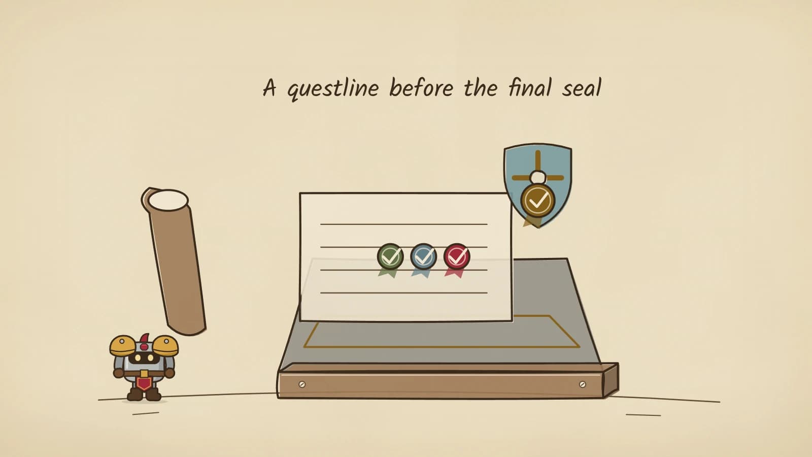 Hand-inked illustration of a scroll unrolling over a stone dais to show three checked wax seals, with a shield bearing a gold seal rising above it.