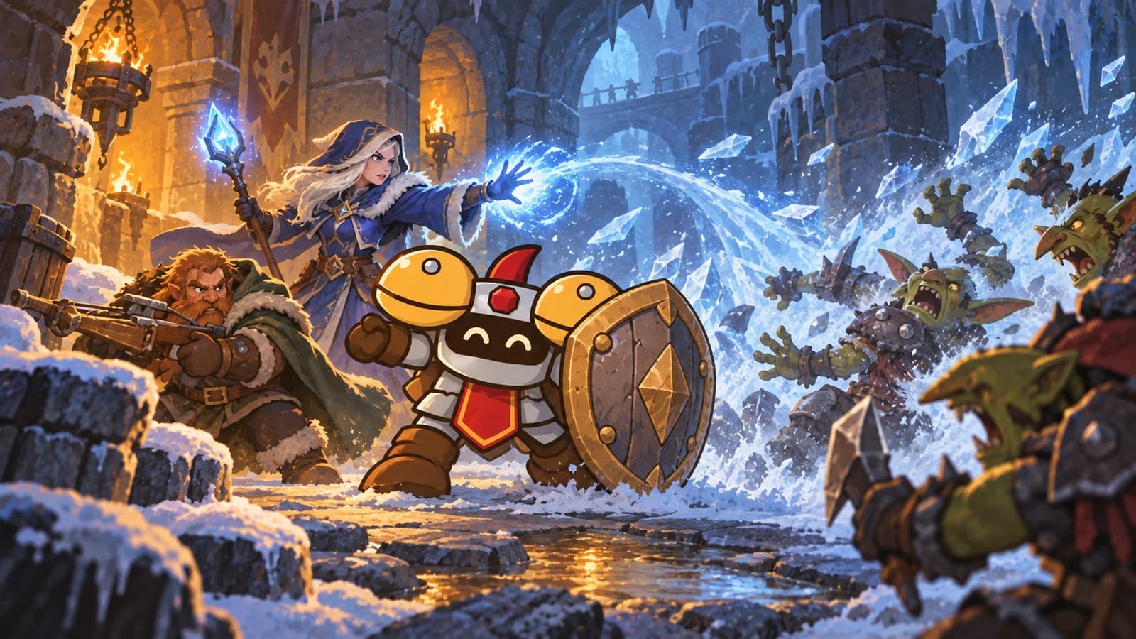 A pale-haired Mage casts frost over goblins in a torchlit icy dungeon while Dee protects the party with a large shield and a dwarf supports them with a crossbow.