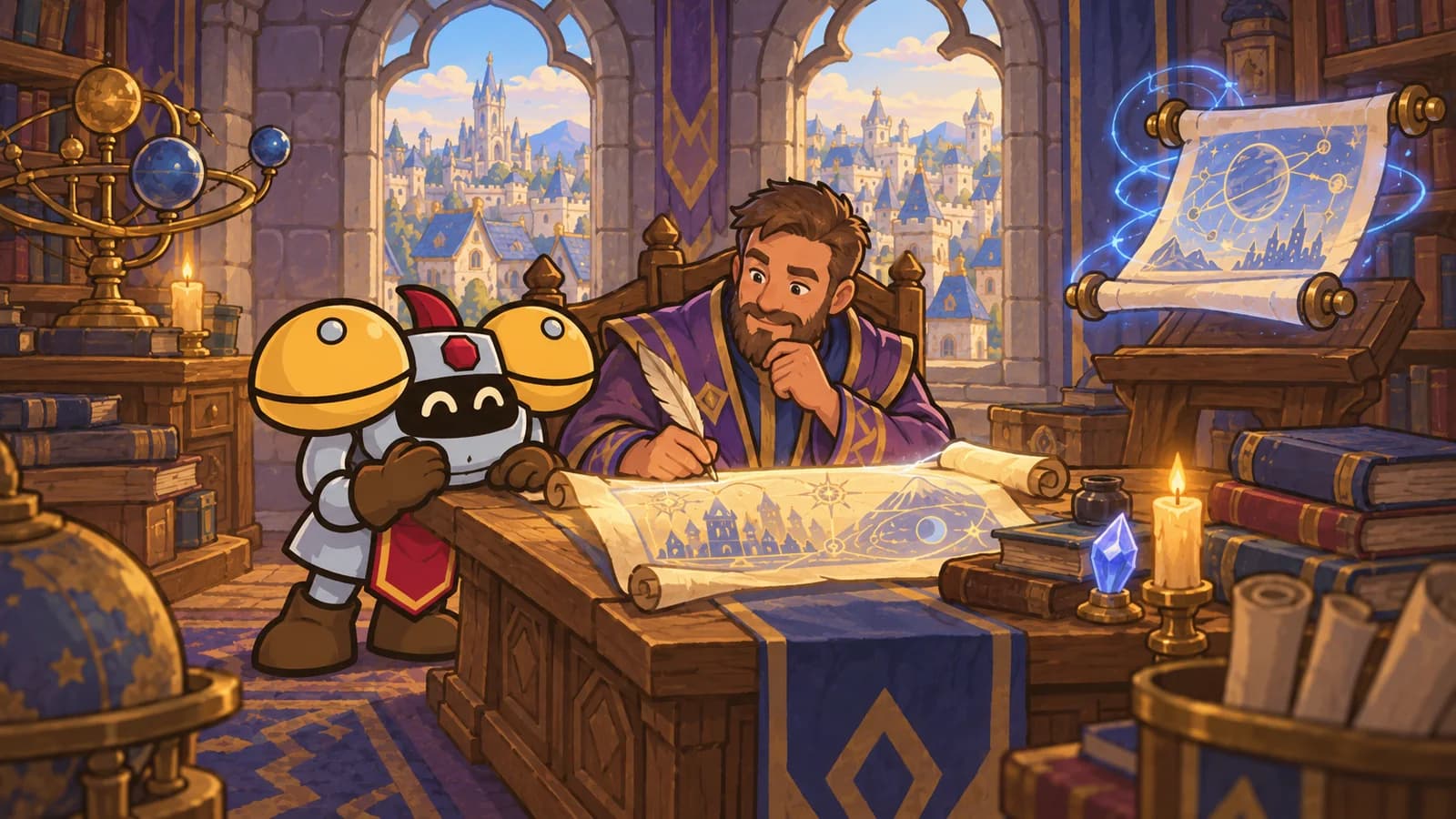 Dee and a human Mage handing a library book to a librarian at a Stormwind desk stacked with books, one scroll glowing on the desk.
