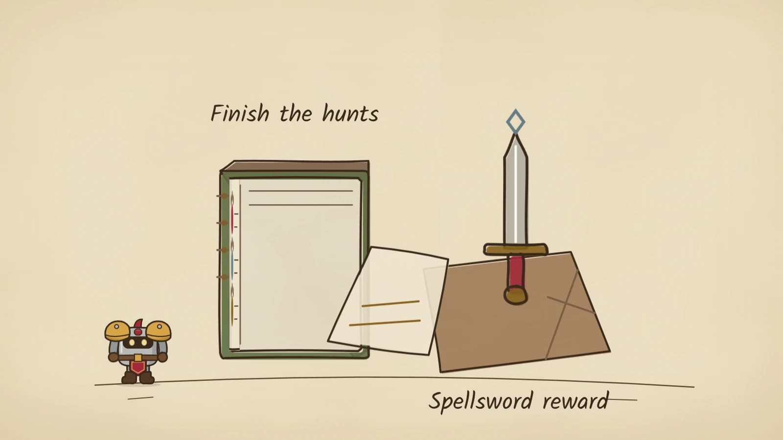 Hand-inked illustration of a green-bound ledger whose page of three paw-print stamps has folded shut, beside a brown parcel with its paper wrap opened and a sword standing out of it under a small blue diamond rune.