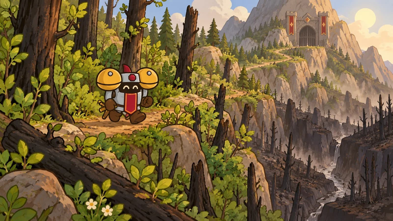 Dee walking a regrowing forest path on Mount Hyjal, a burned gorge below and a raid gate high on the summit.