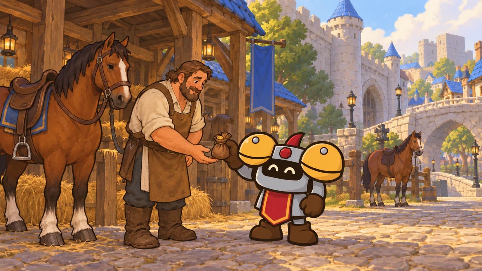 Dee hands a coin pouch to a Stormwind stable hand beside a saddled horse, with the city walls and a second horse down the road behind them.