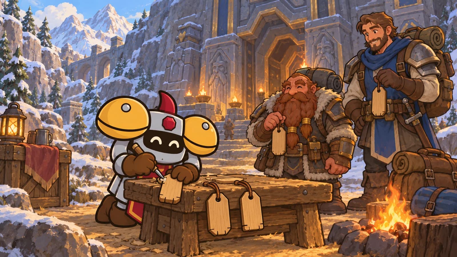 Dee carves a two-part wooden nametag at a campfire outside Ironforge's gates while a dwarf and human wait with their own blank tags.