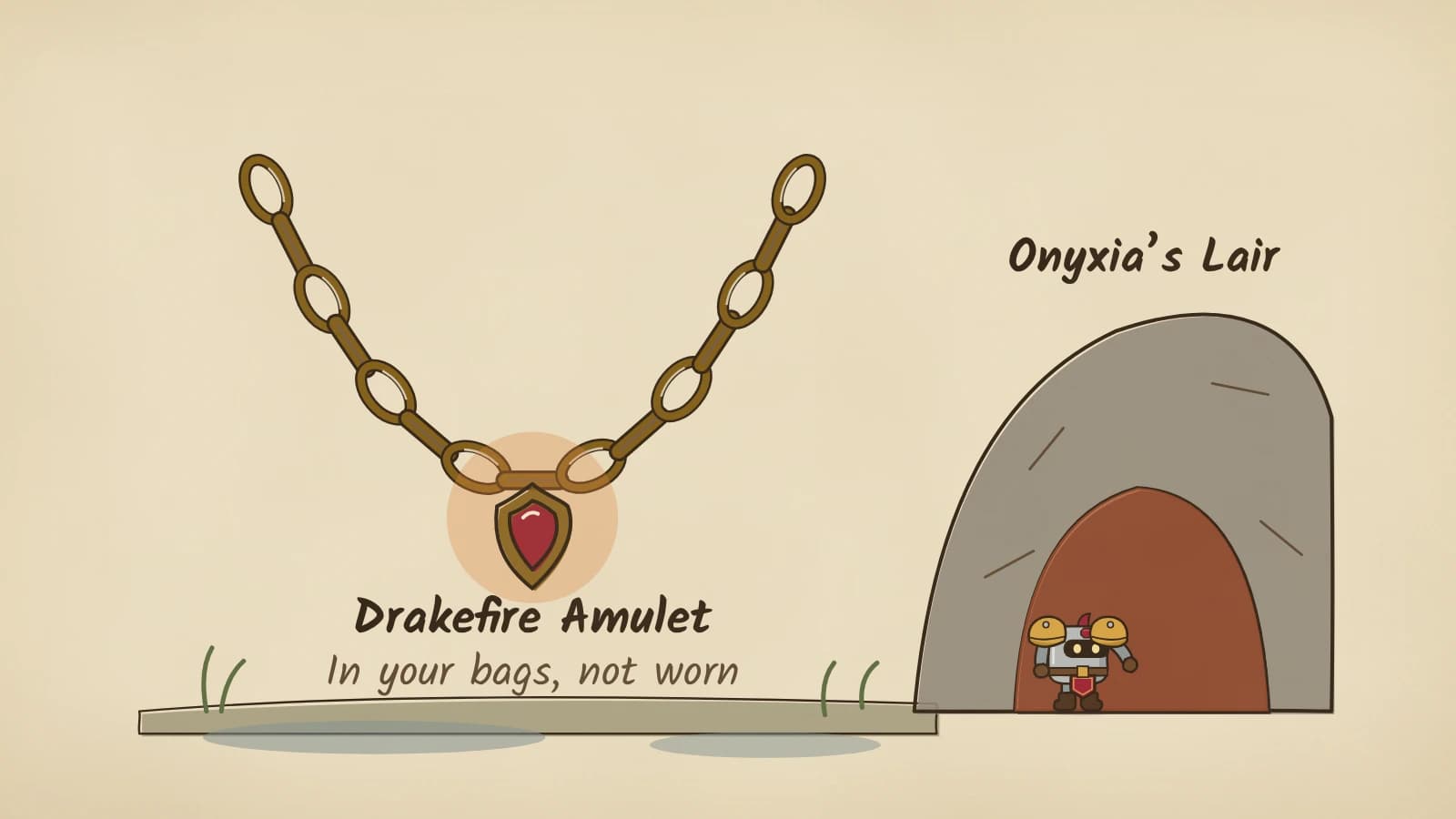 A gold chain hangs over the Dustwallow Marsh grass with the red Drakefire Amulet at its end, labelled Drakefire Amulet, in your bags, not worn, while Dee stands in the glowing mouth of Onyxia's Lair.
