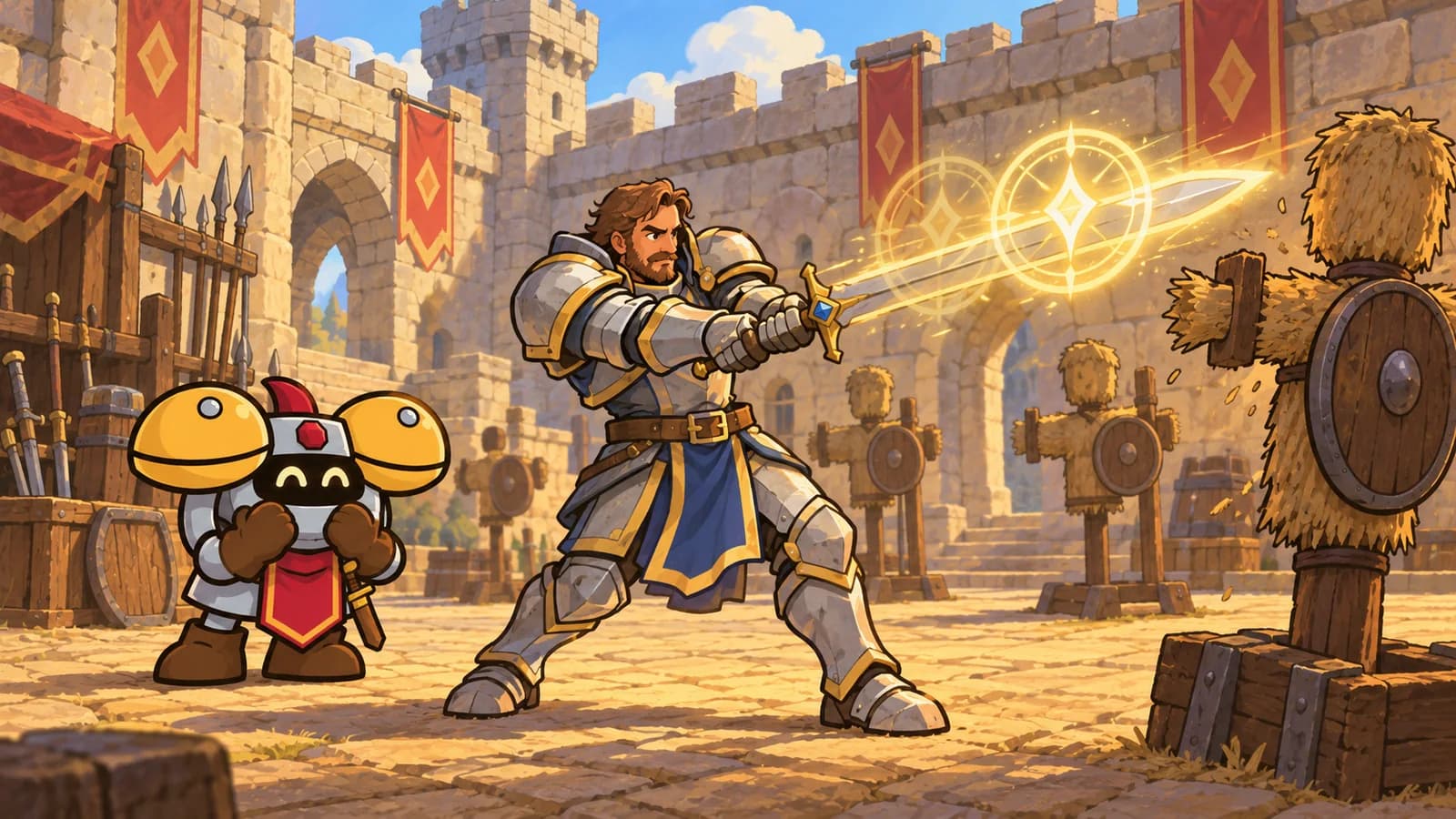 A human paladin in Stormwind swings a longsword with two overlapping golden seal sigils glowing on the blade, Dee watching nearby with no timer in sight.