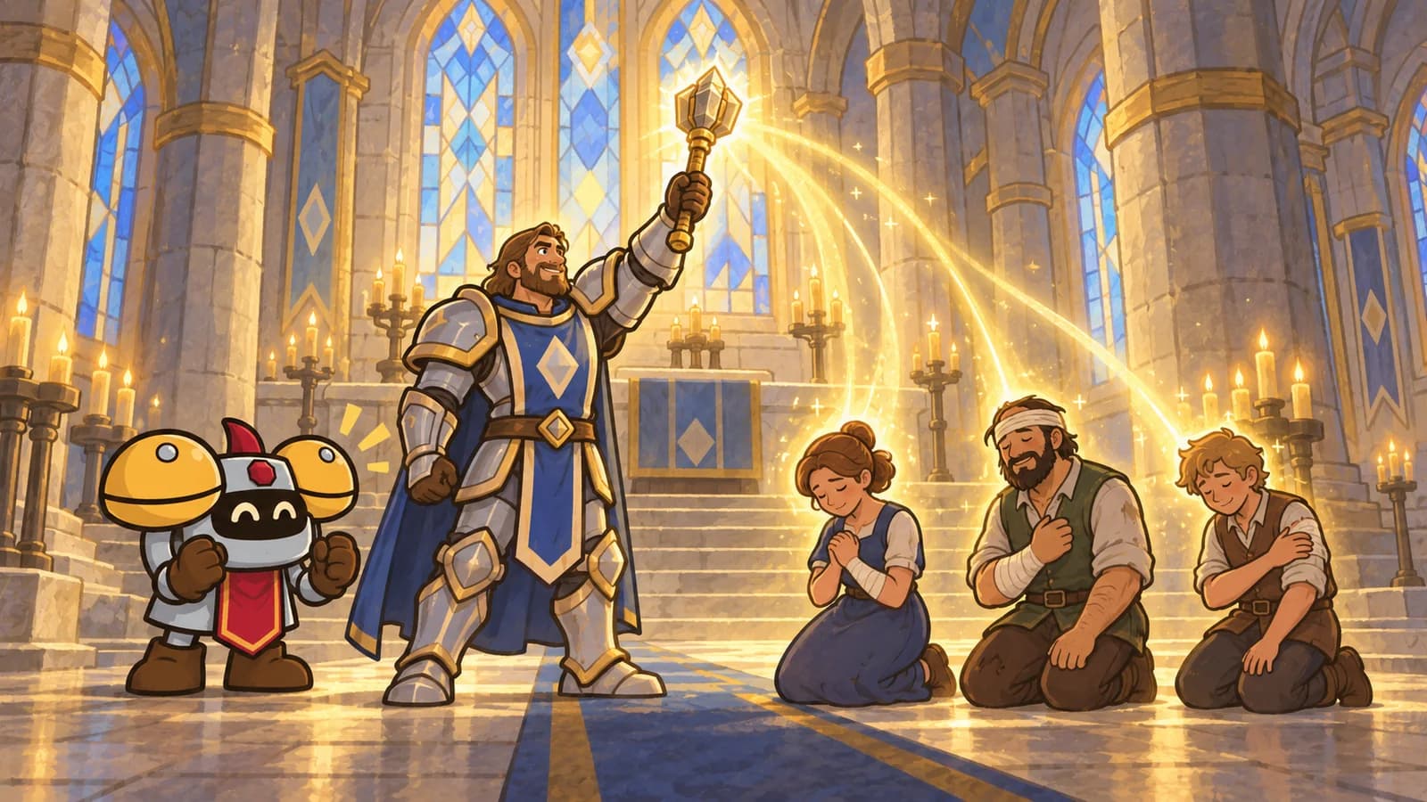 Dee beside a human paladin in Stormwind's Cathedral of Light, golden healing light arcing from the paladin's mace to three wounded allies.