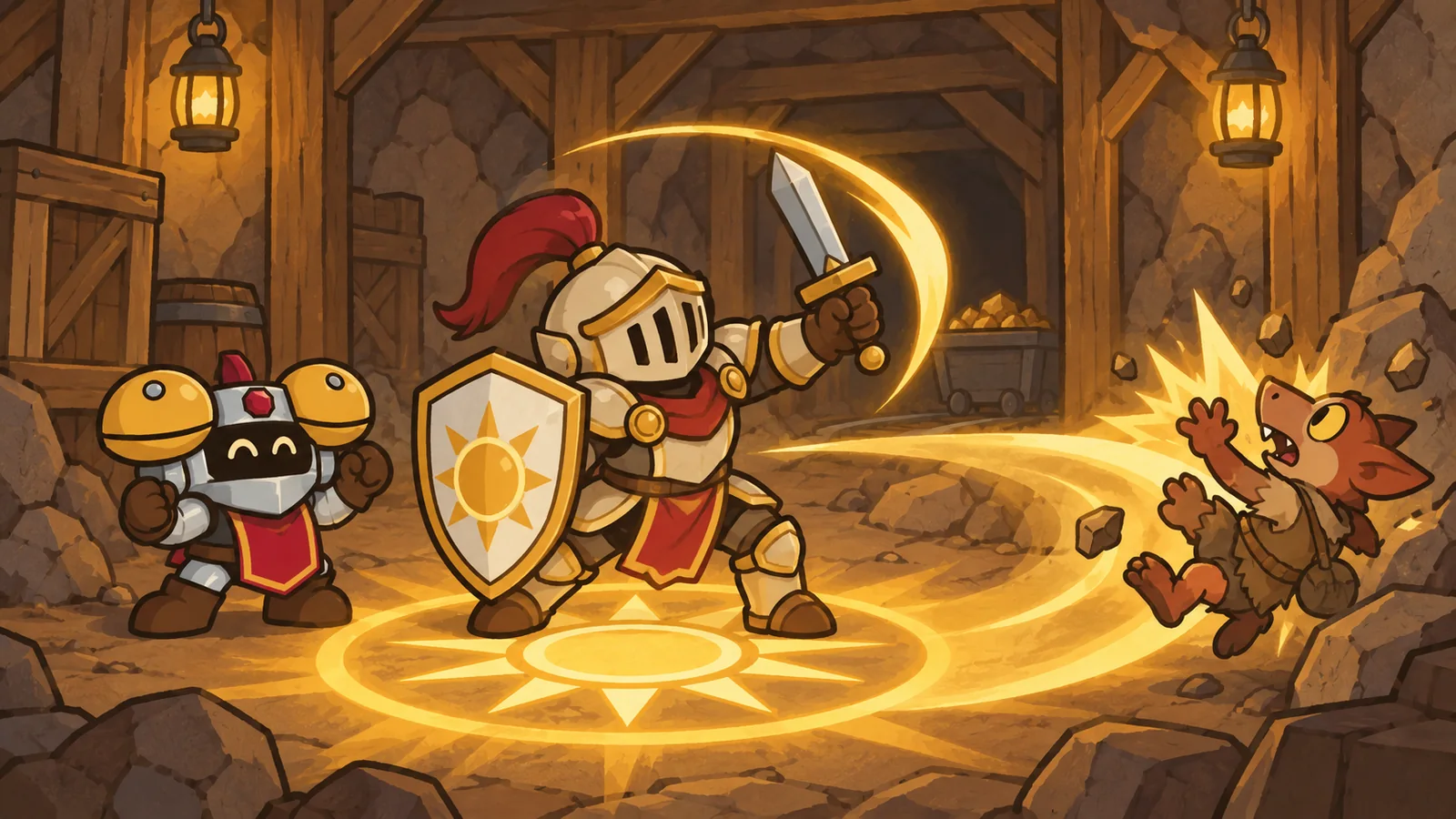 Dee beside a plate-armored paladin on a glowing gold seal, swinging a sword in a shockwave that staggers a small orange kobold in a mine.