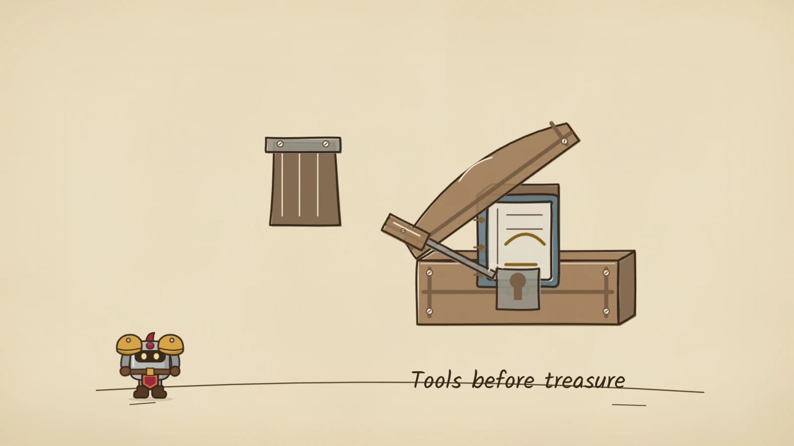 Hand-inked illustration of a long lockpick reaching into the keyhole plate of a wooden chest, the lid lifted and a blue-bound document marked with a gold arc rising out of it, with a small banded crate standing apart.