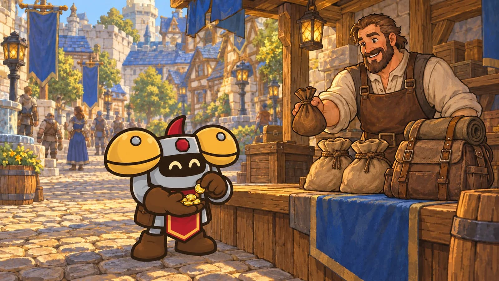 Dee counts gold coins at a Stormwind Trade District stall while a human vendor offers a small satchel of goods on the counter.
