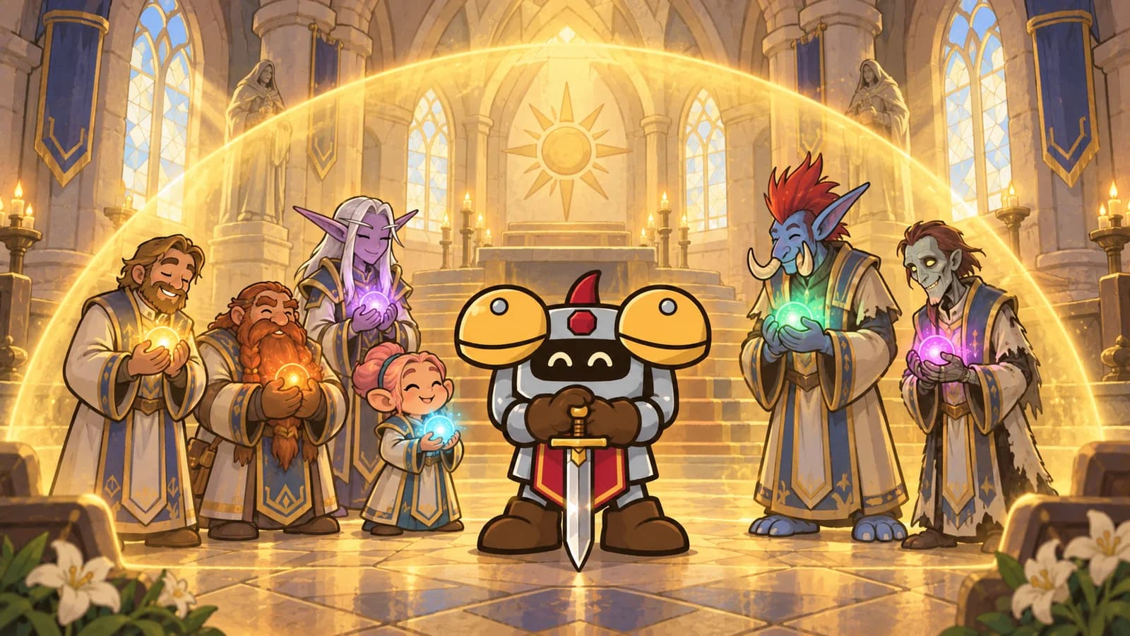 Dee stands among six small priests, human, dwarf, night elf, gnome, troll and undead, each holding a different colored light under one shared golden dome.
