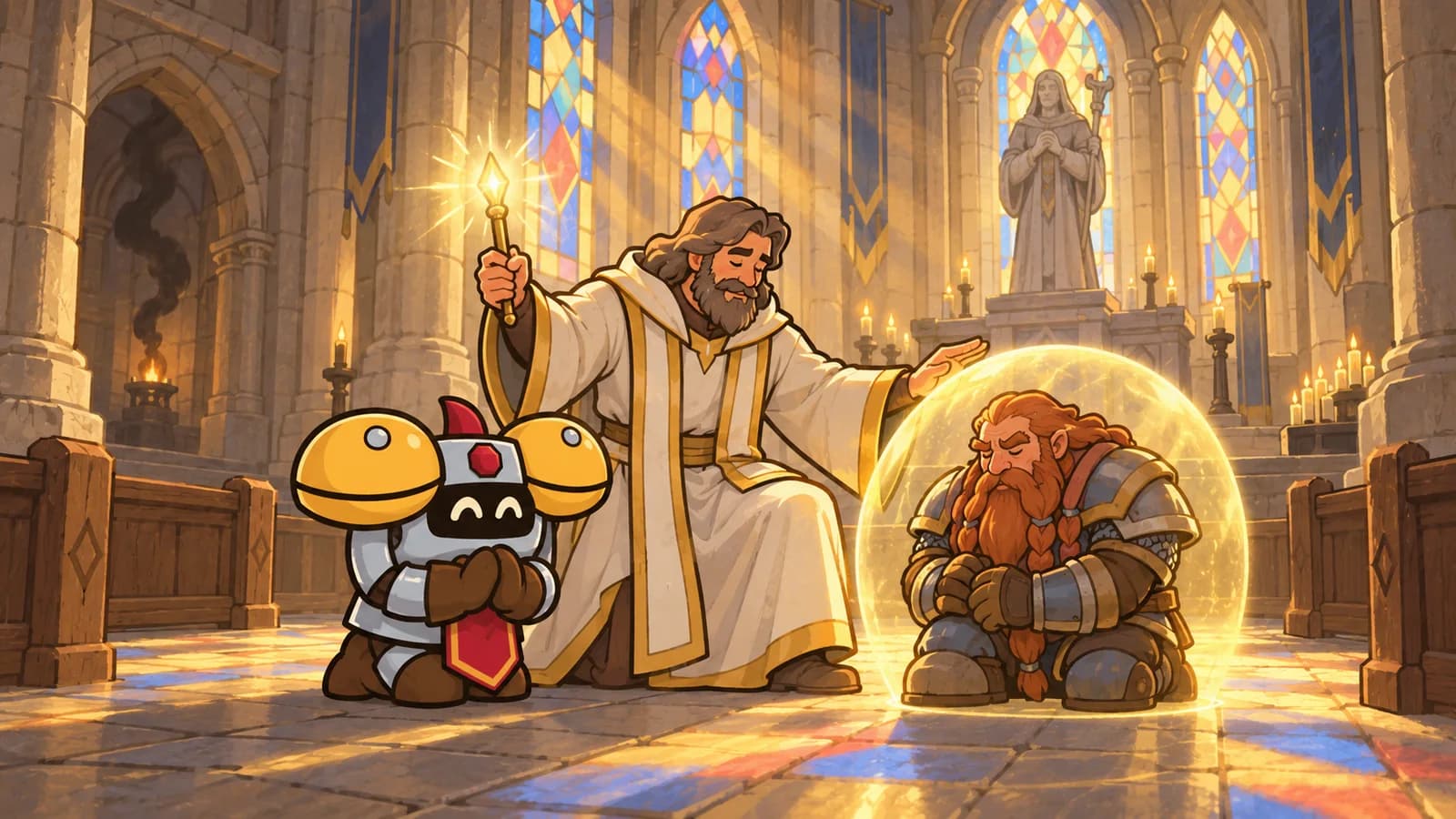 Dee kneeling beside a human priest holding a glowing wand in Stormwind's Cathedral of Light, a golden shield shimmer nearby and shadow smoke in an archway.