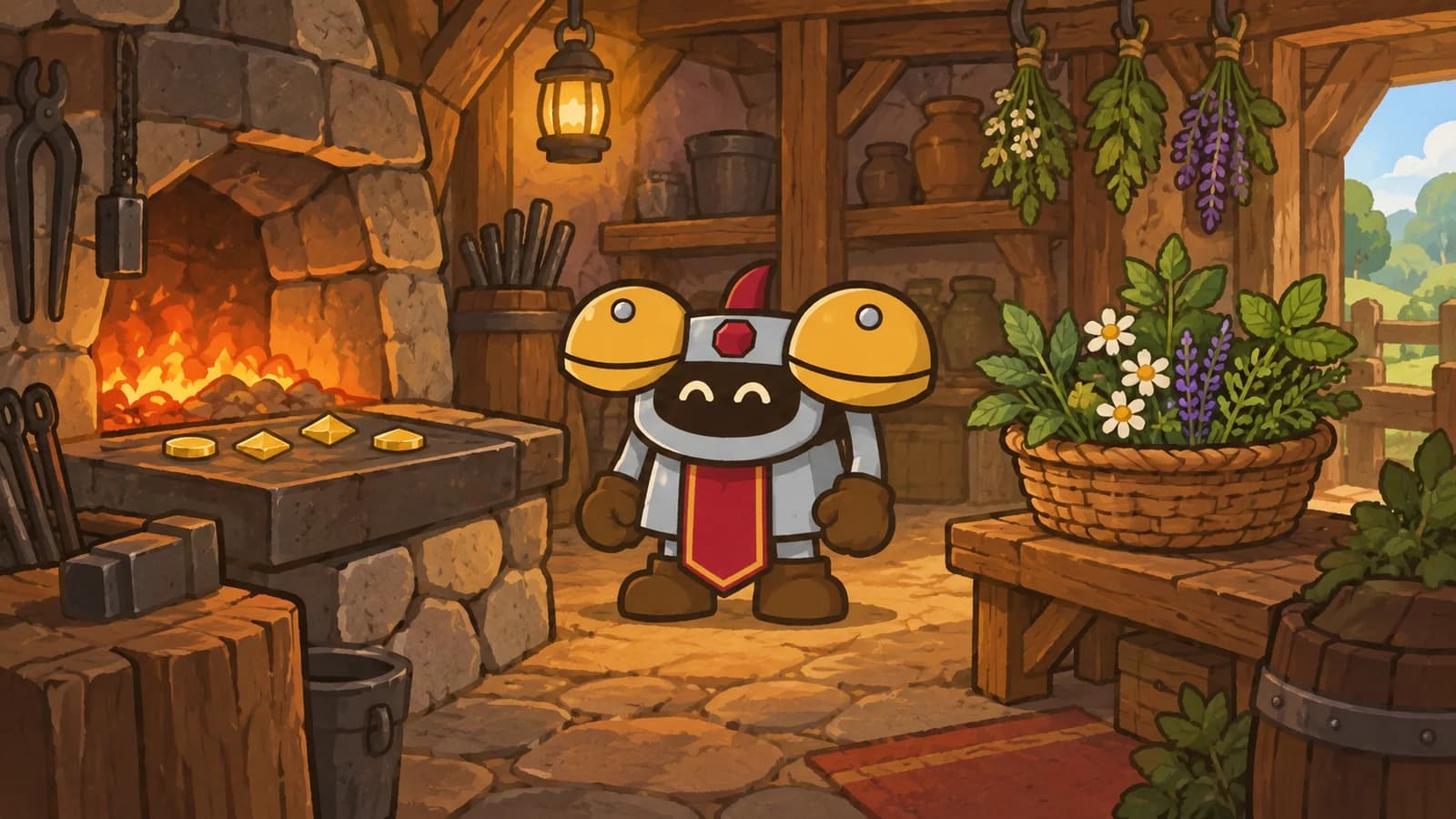 Dee between a forge and an herb basket. Gold marks sit on the forge. The basket has flowers and no marks.