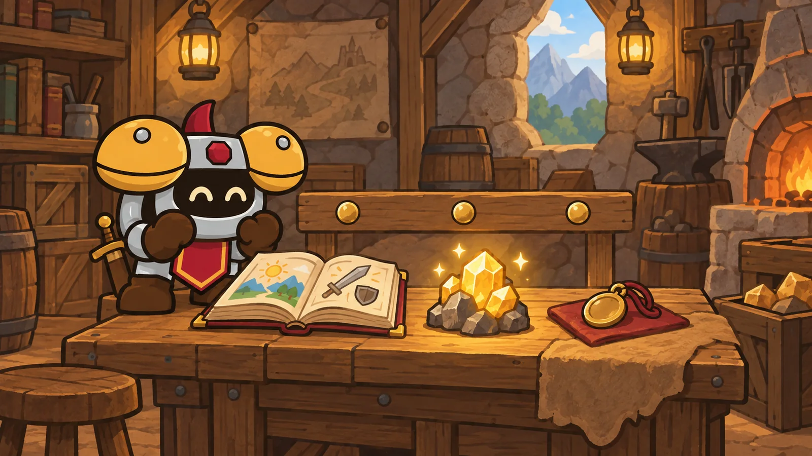 Dee the knight at a workshop bench with an open skill book, a glowing pile of ore, and a gold favor token, forge and mountains behind.
