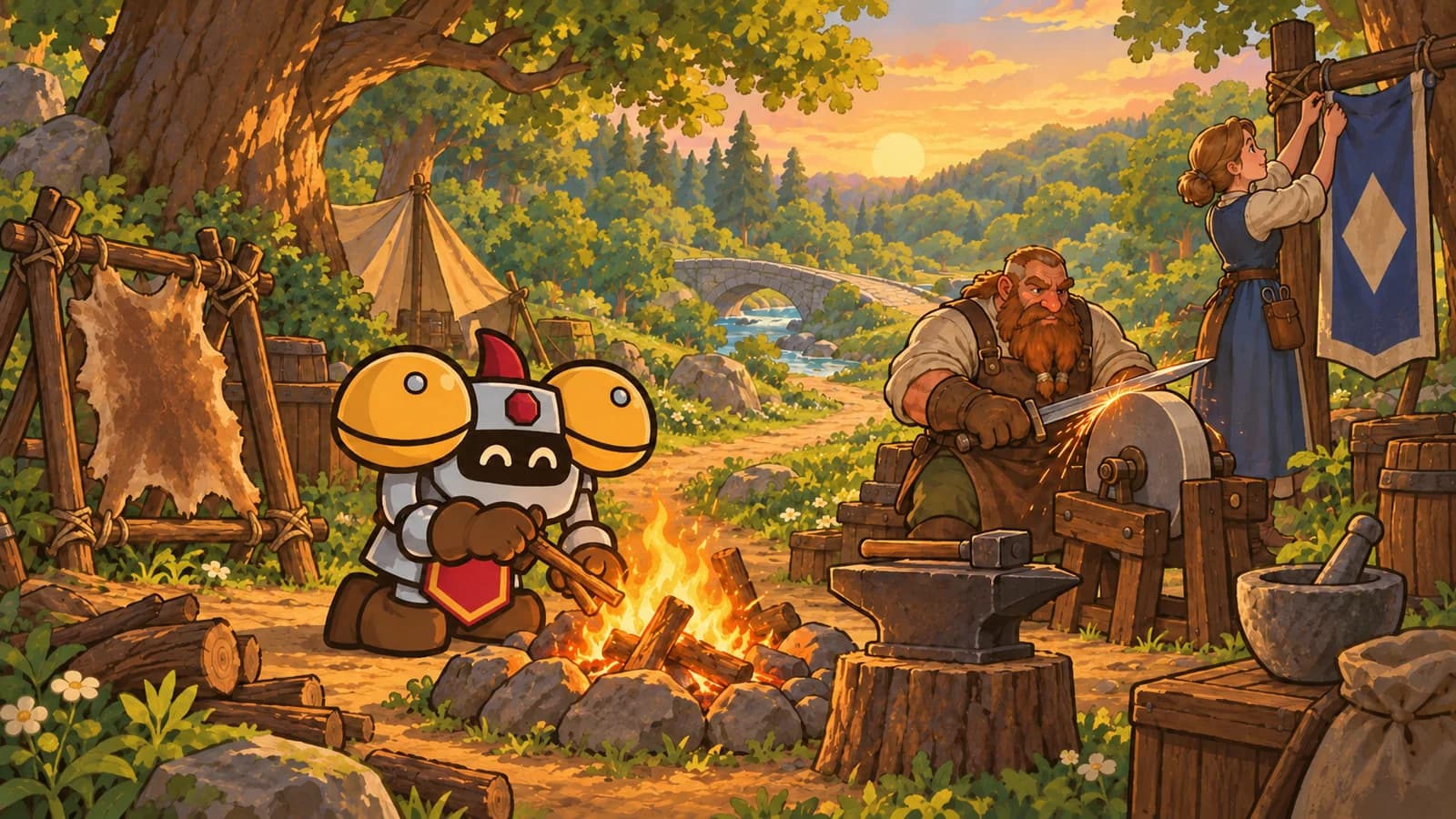Dee tends a campfire in Elwynn Forest while a dwarf works a sharpening wheel and a human hangs a banner, crafted camp objects glowing nearby.