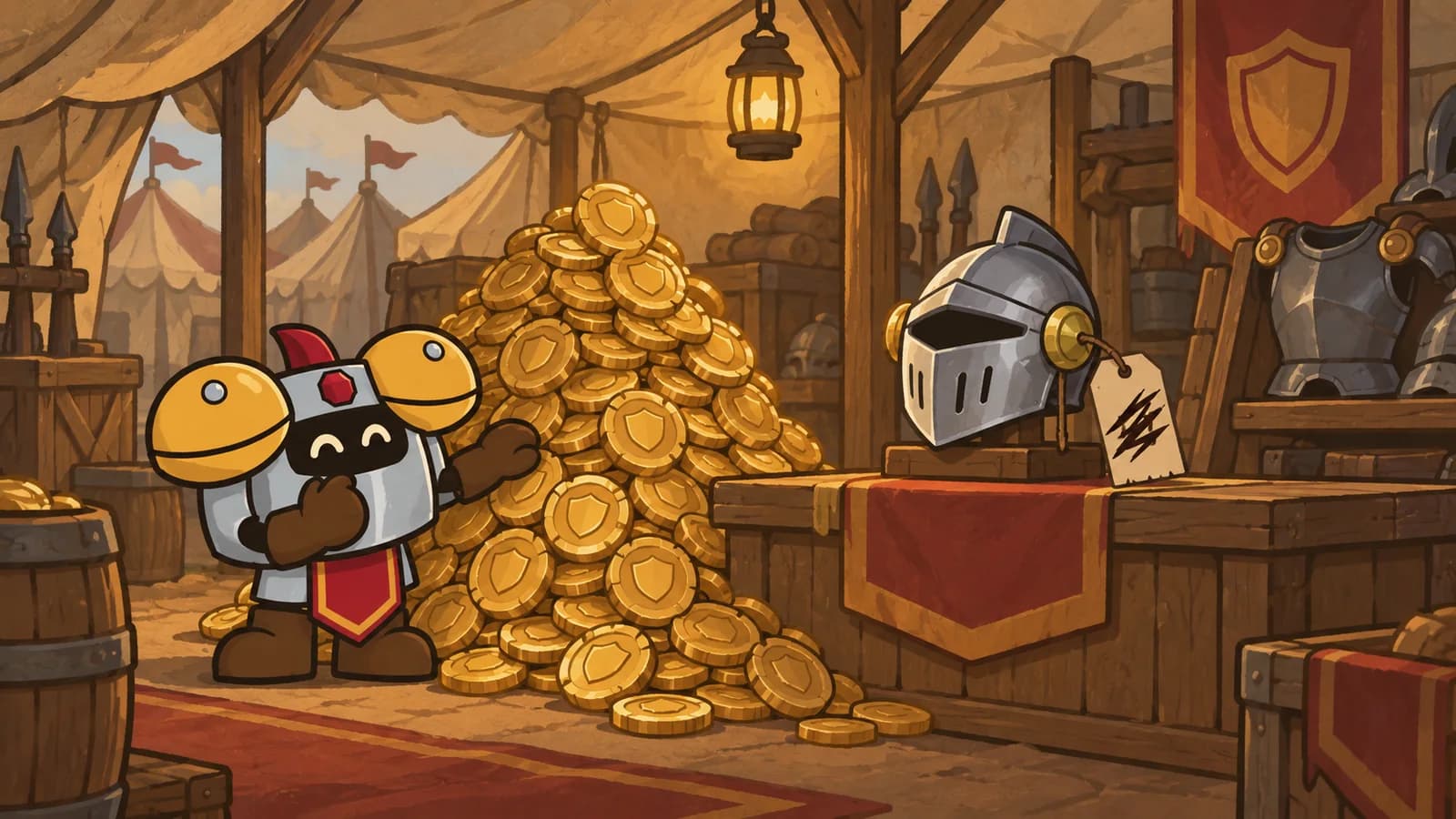 Dee stands beside a tall pile of coins in a quartermaster's tent, next to a helm on a stand with a blank price tag and armor behind.