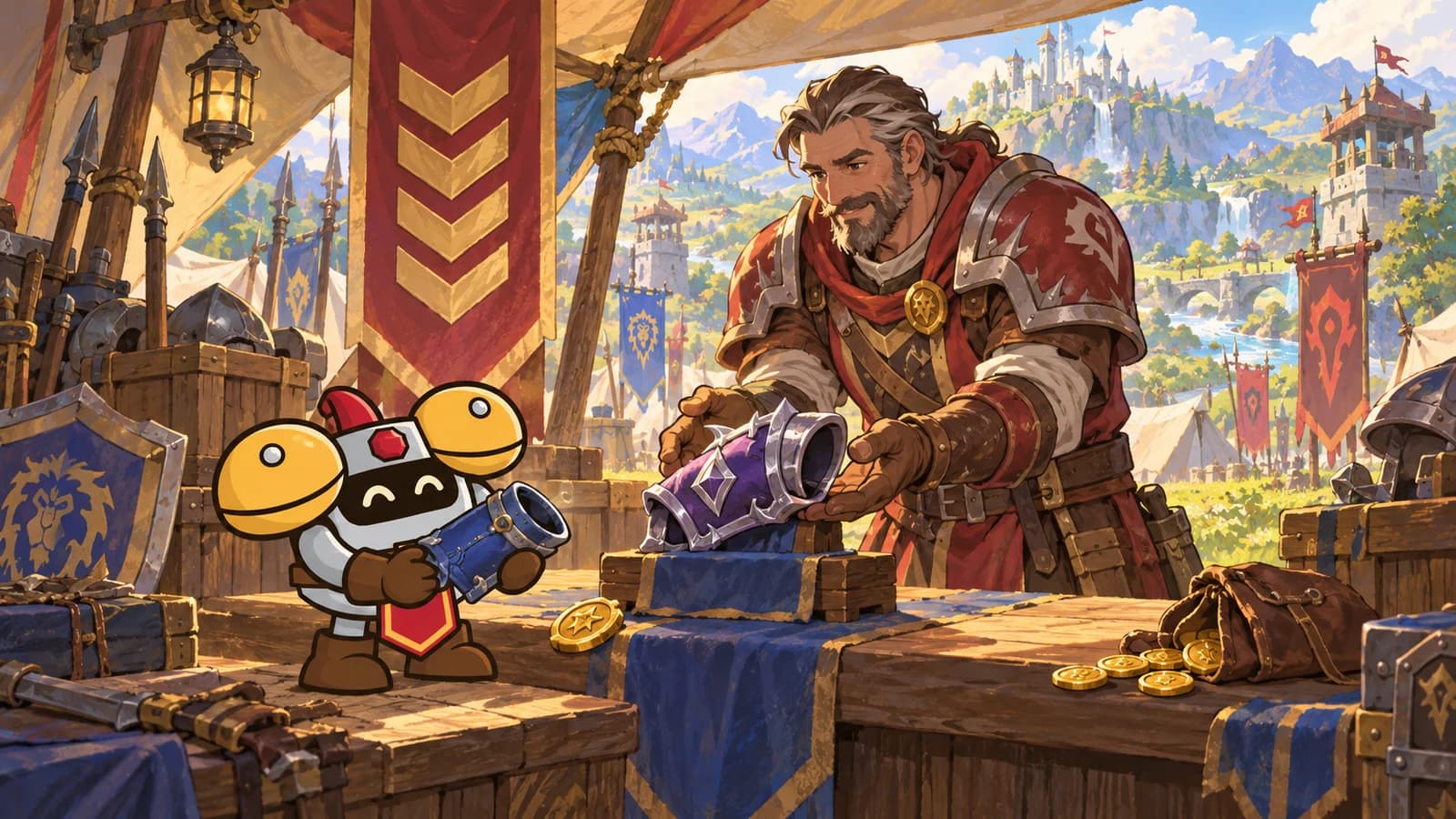 Dee brings a blue bracer to a quartermaster, who presents purple armor beside a gold seal and a pouch of coins.