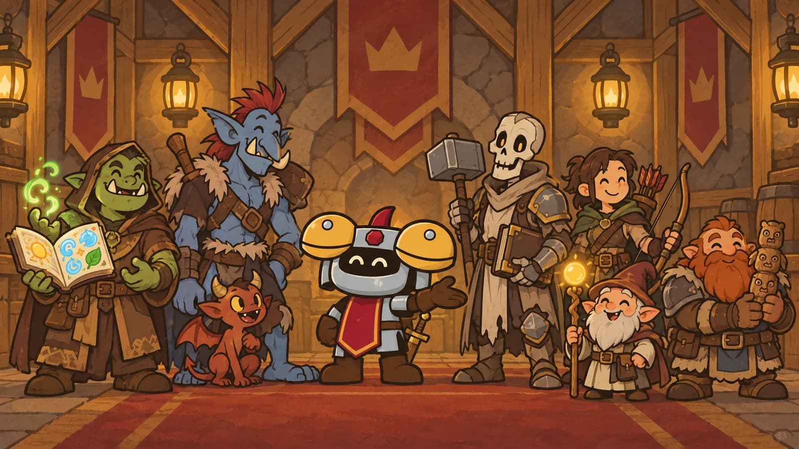 Dee presenting six heroes in a banner-hung hall: an orc mage, troll warlock, undead paladin, human hunter, gnome priest, and dwarf shaman.