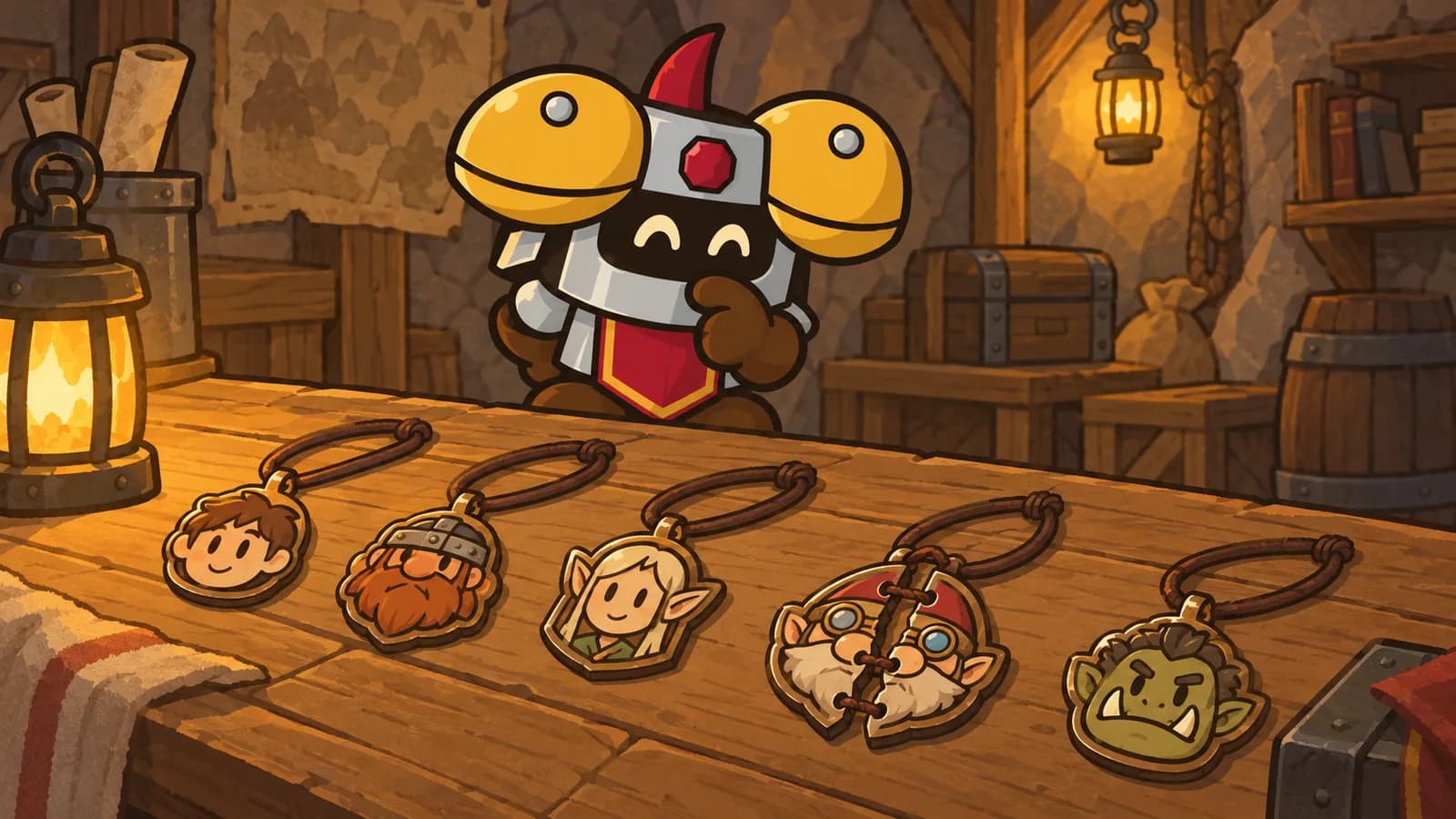 Dee looking at five racial charms on a table, the gnome one cracked and restrung while the others stay intact.