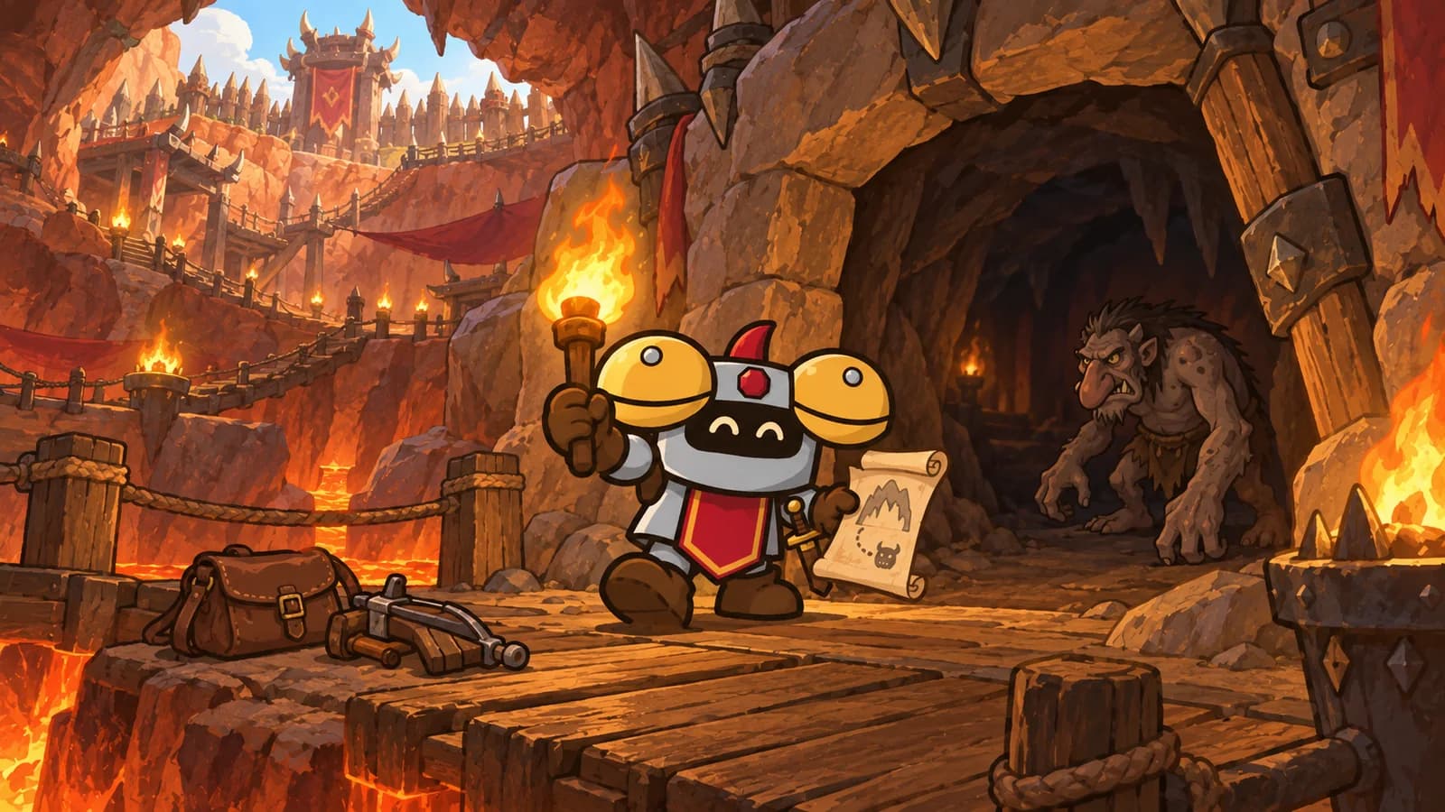 Dee the knight holding a torch and quest scroll at the lava-lit stone entrance to Ragefire Chasm beneath Orgrimmar, a trogg lurking in the shadows.
