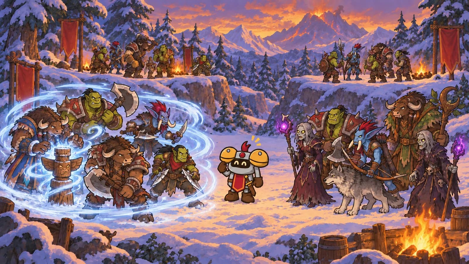 Dee standing between two Horde parties on a snowy Mount Hyjal slope, a tauren shaman's Windfury totem swirling wind around only his own group.