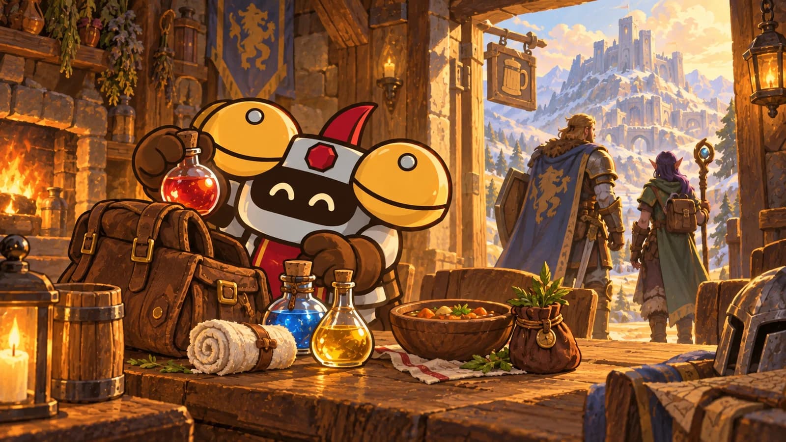 Dee packing a flask, food and bandages at a wooden supply table as a small party gathers for a raid in the warm light beyond.