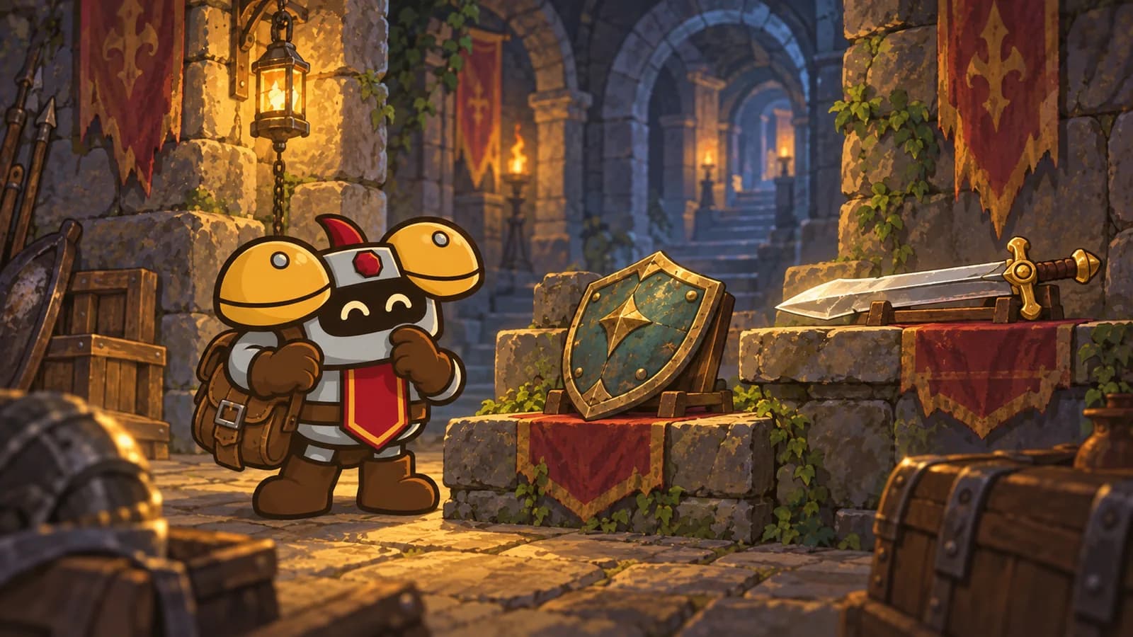 Dee examines a cared-for older shield and a new sword on two shallow stone ledges in a dungeon armory.