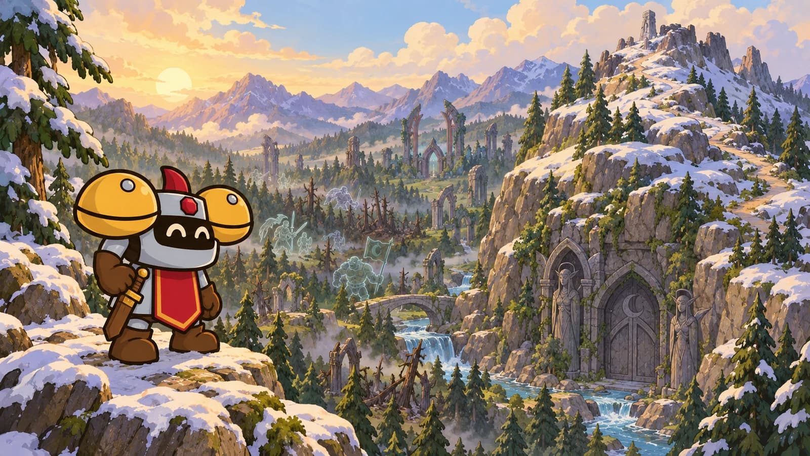 Dee the armored knight stands on a snowy ridge above Mount Hyjal, looking toward a stone gate in the cliffside and a mountain trail to the summit.