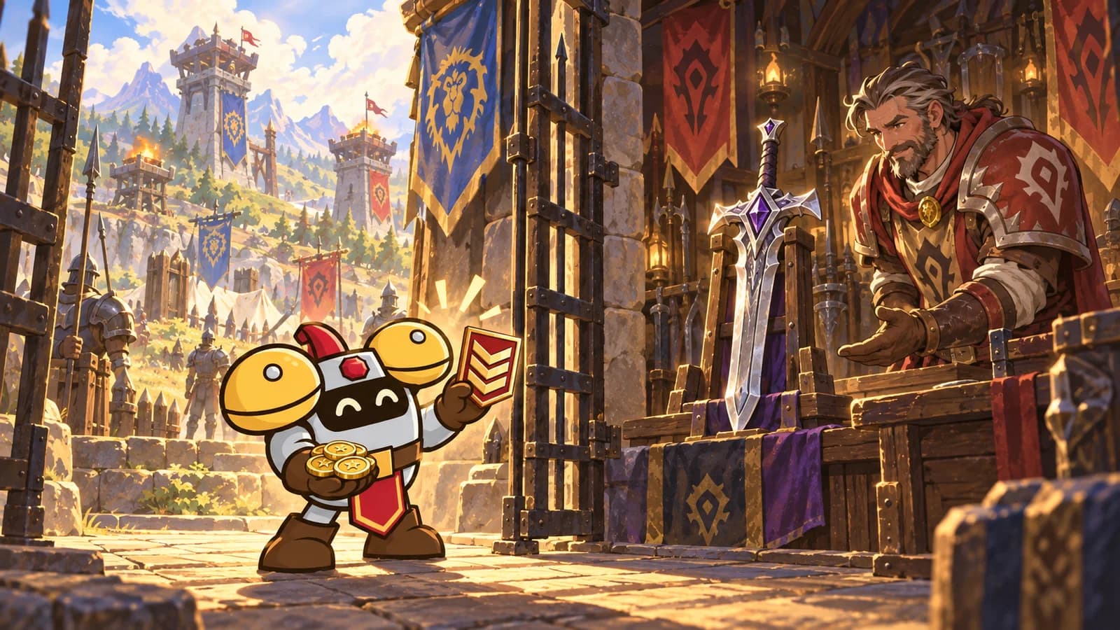 Dee presents a rank insignia and Honor coins at an open battleground armory gate, with an epic sword waiting on a stand inside.