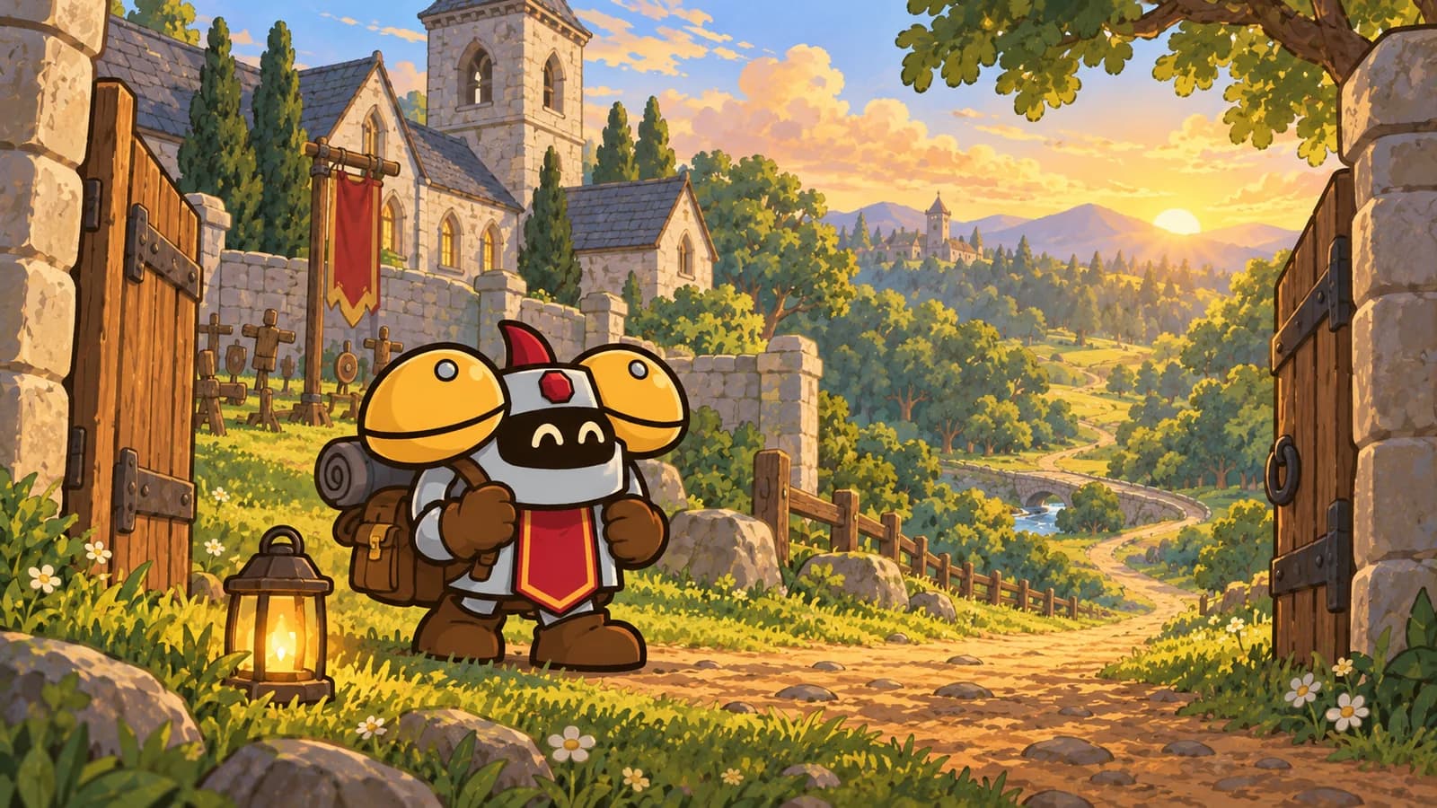 Dee the armored knight stands at Northshire Abbey's gate at sunrise, pack on his back, watching dawn light spread over the road to Elwynn Forest.