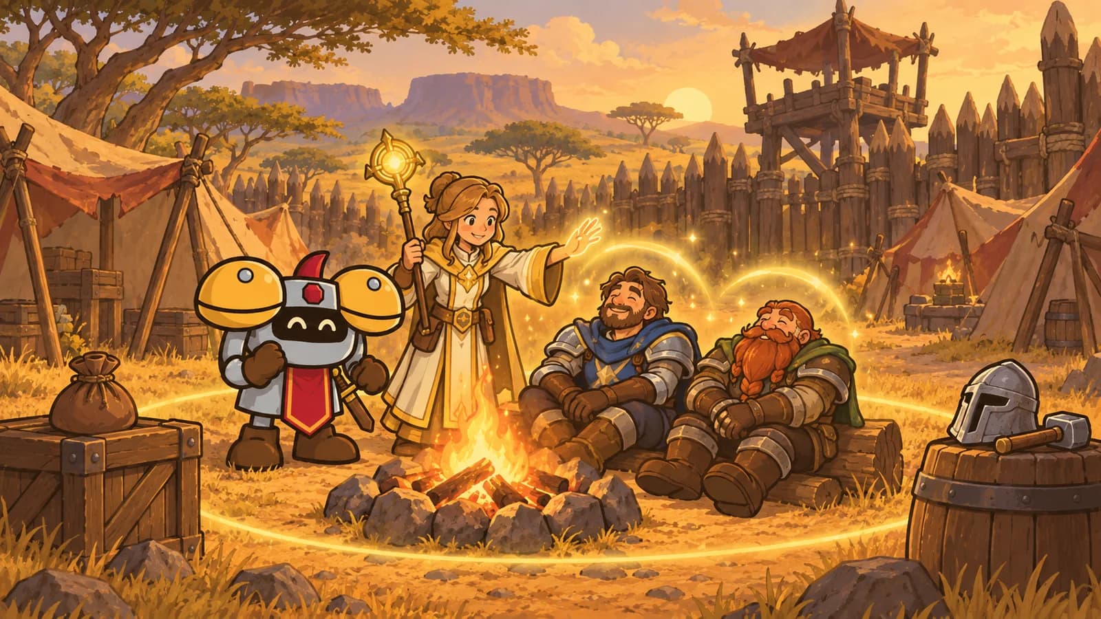 Dee the armored knight beside a Priest casting a golden buff at a Barrens campfire, a closed reagent pouch untouched and a faint second buff ring glowing.