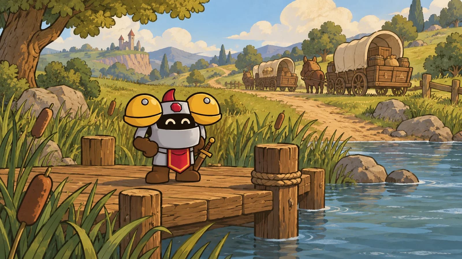 Dee on a riverside dock by cattails, watching trade wagons roll past toward distant hills and a watchtower.