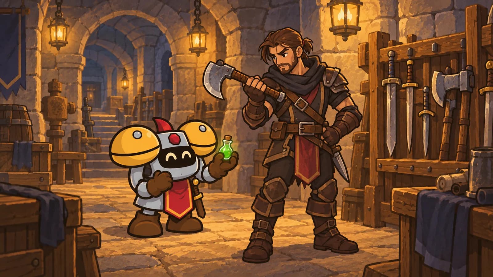 A human rogue examines a one-handed axe in SI:7's stone halls in Stormwind while Dee holds up a vial of poison.