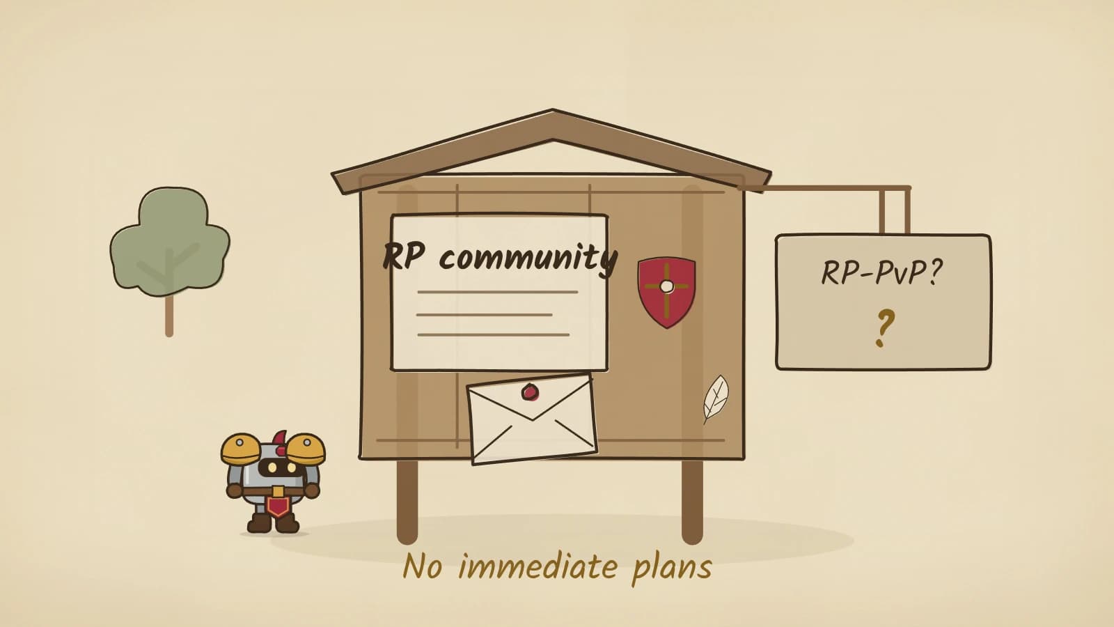 Ink-and-parchment guild noticeboard under a small roof, holding a parchment reading RP community, a painted red shield and a feather. A letter slides onto the board and is pinned while Dee stands to the left. Beside the board hangs a separate sign reading RP-PvP?, where a large question mark appears, above the words No immediate plans.