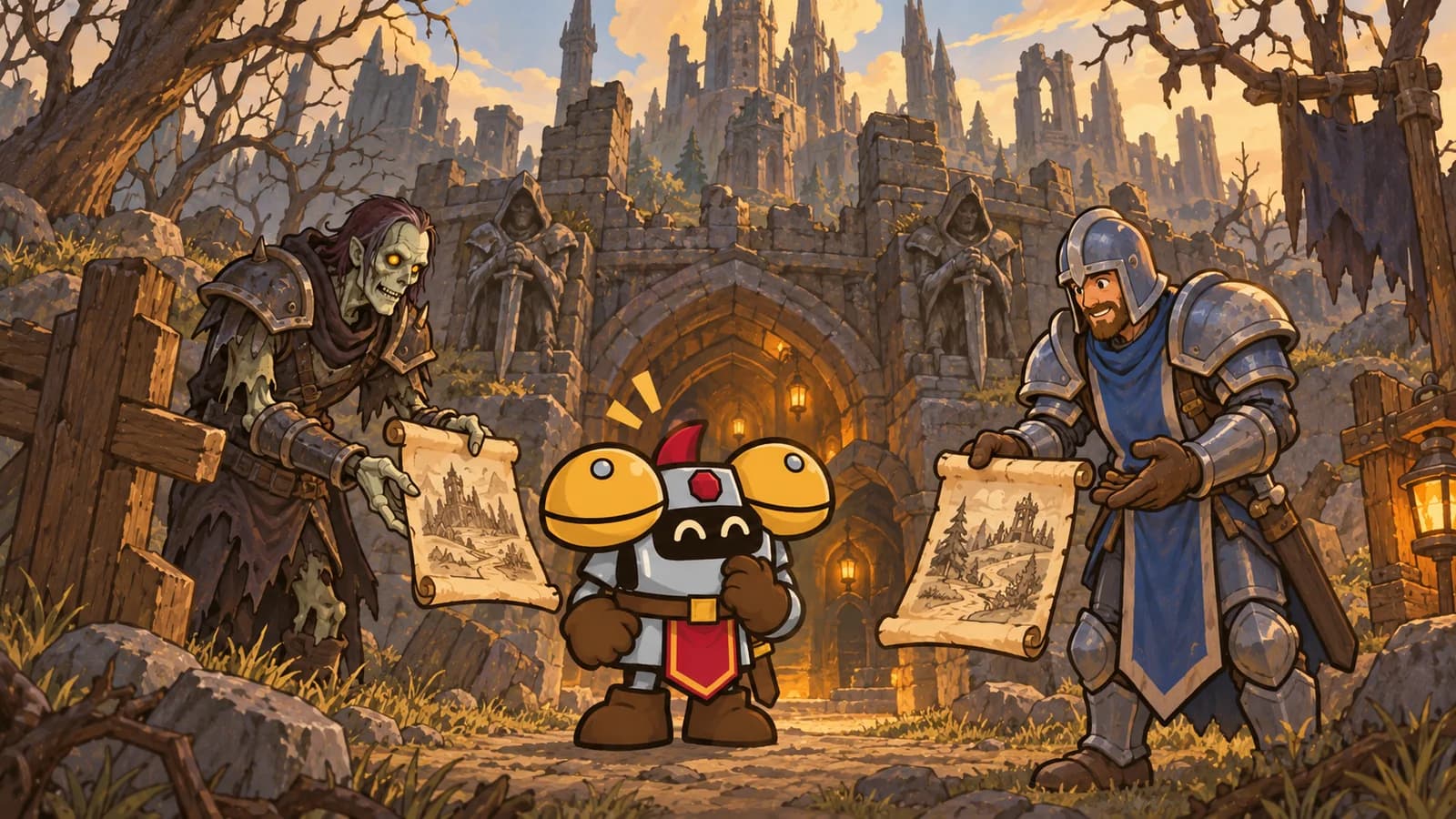 Dee the knight stands at the ruined gate above Undercity between a Forsaken guard and a human soldier, with decayed Lordaeron spires behind.