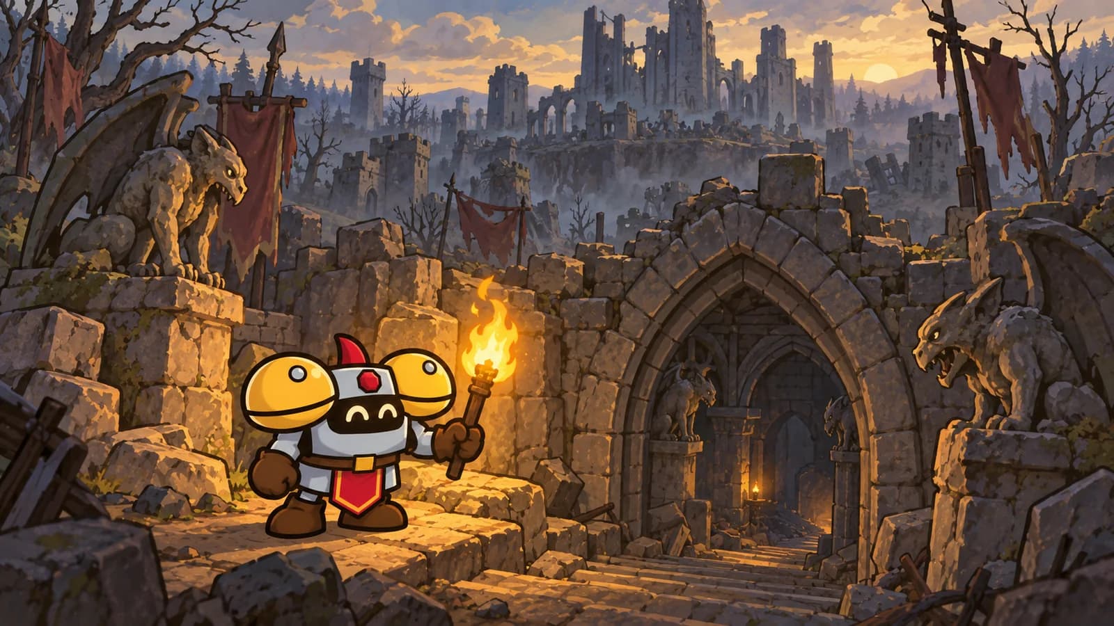 Dee holds a torch at a broken gate above the Undercity, gargoyles perched on ruined stone and a shadowed stairway leading down into Lordaeron.